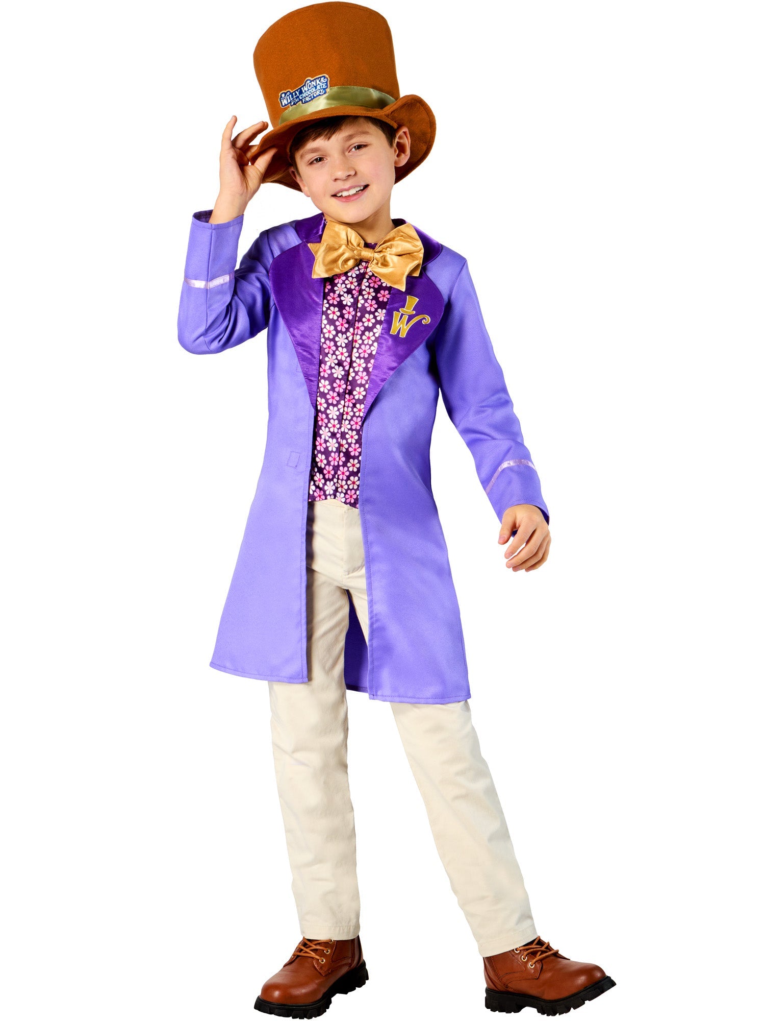 Child modeling a Willy Wonka costume featuring a purple coat, gold bowtie, and brown top hat.