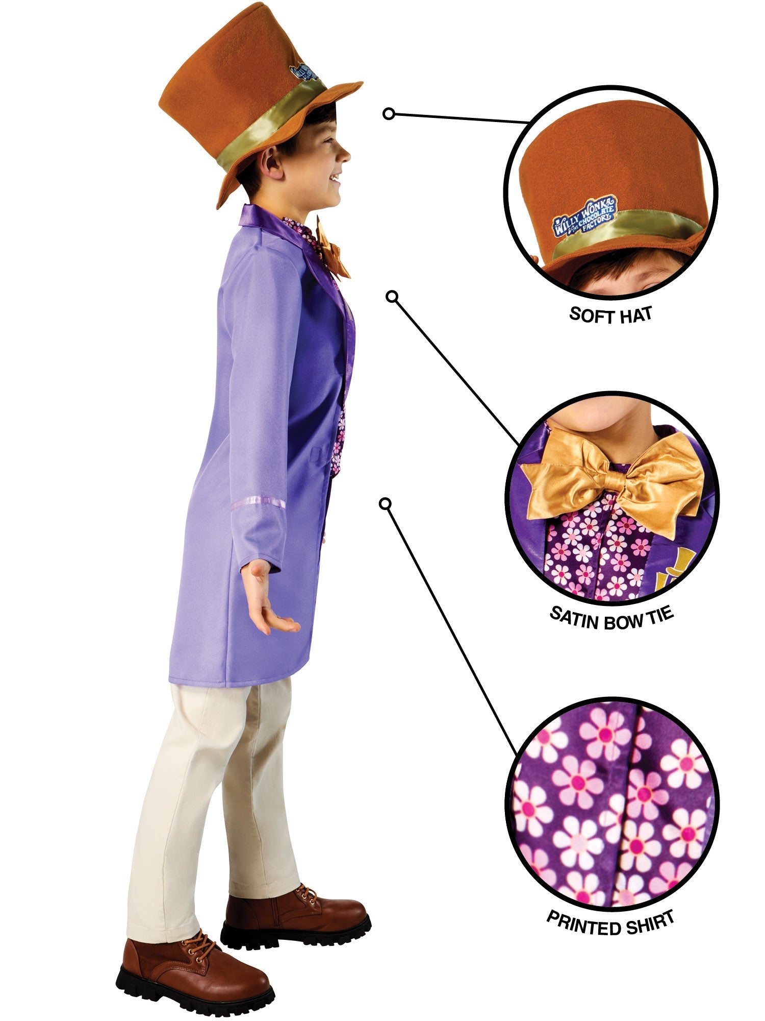 Close-up of the Willy Wonka costume highlighting the gold satin bowtie and floral printed shirt.