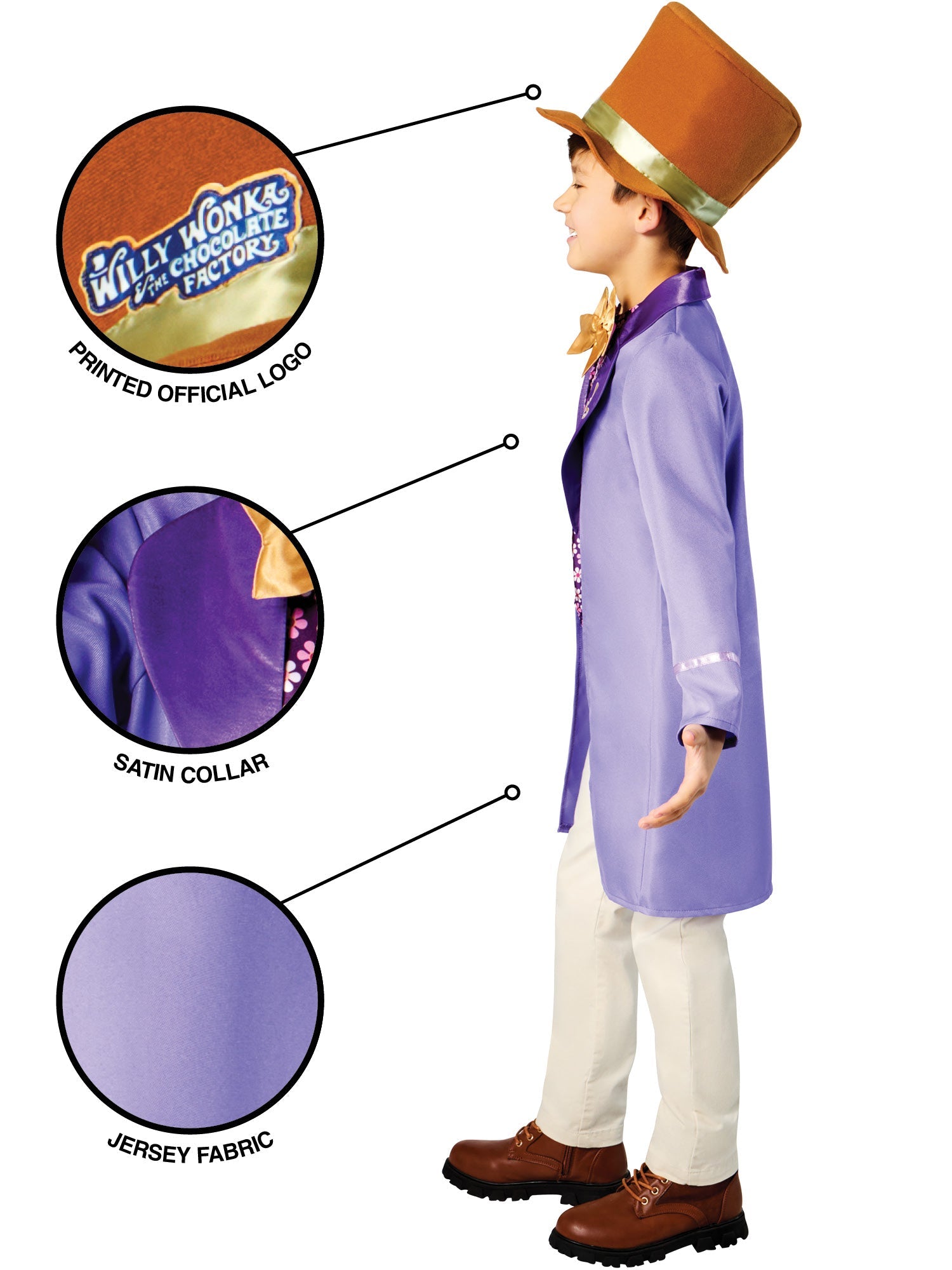 Child wearing a Willy Wonka costume with close-up details on fabric and logo.