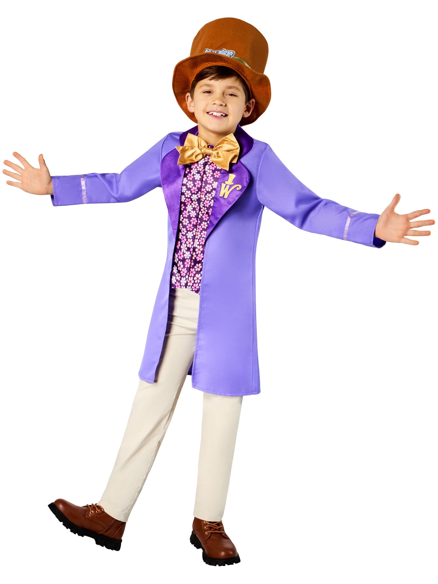 A happy child posing with arms wide in a Willy Wonka outfit, ready for a chocolate factory adventure.