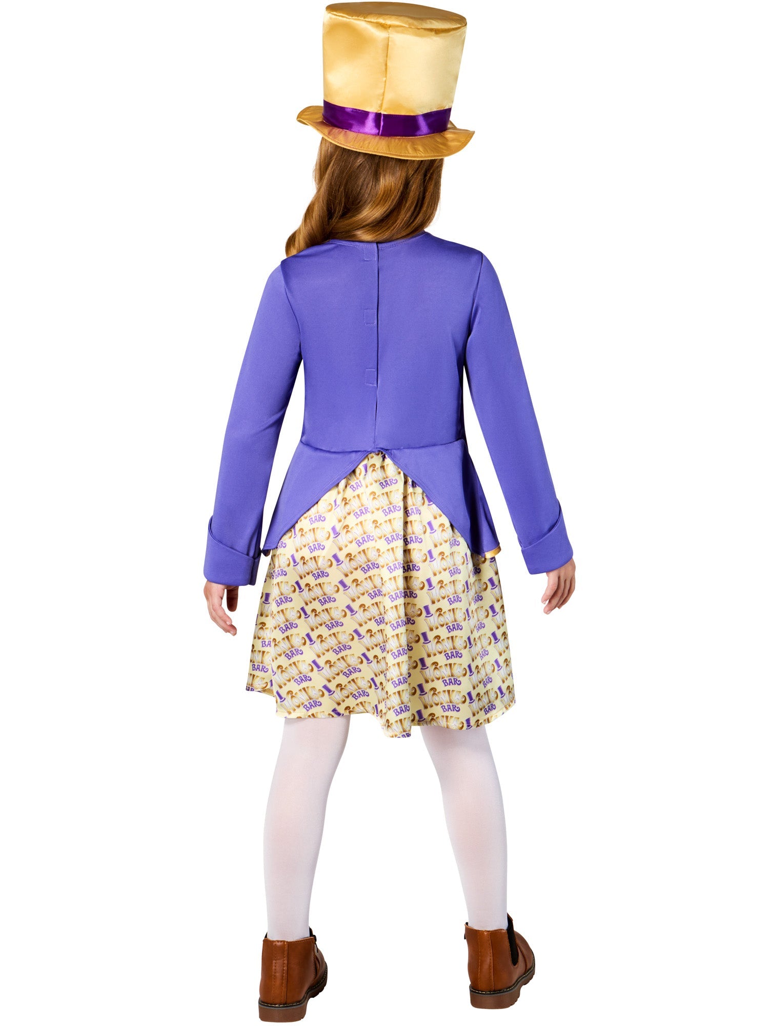 The back of the girls' Willy Wonka dress showing the purple jacket tails and easy hook-and-loop fastening.