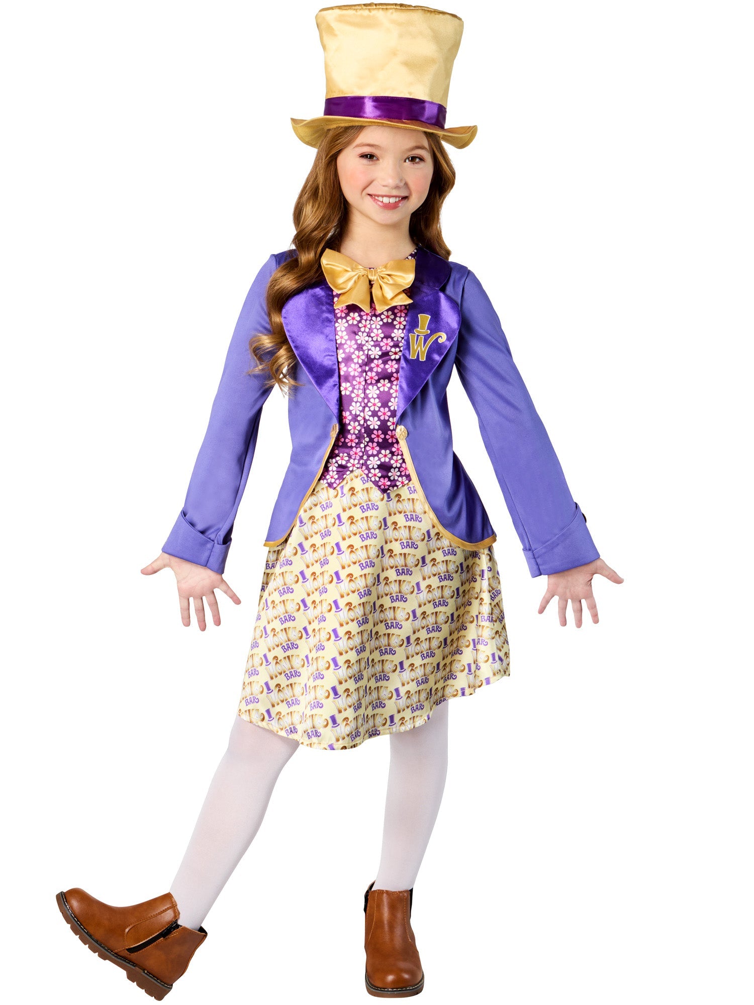 Girl modeling an official Willy Wonka costume with a purple coat, gold bowtie, and "Wonka Bar" print skirt.