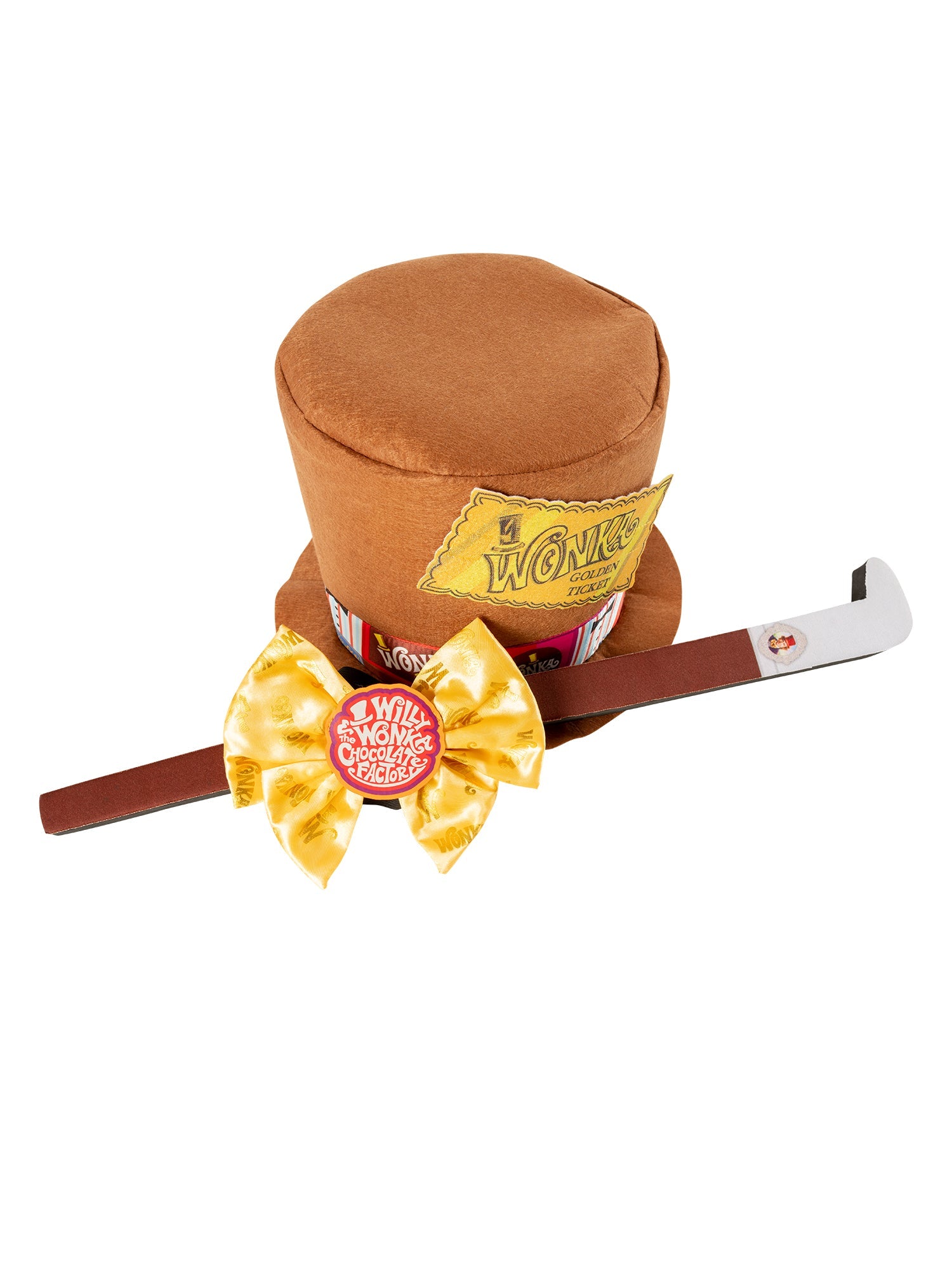 Children's Willy Wonka accessory set featuring a brown top hat with a golden ticket, yellow bowtie, and walking cane.
