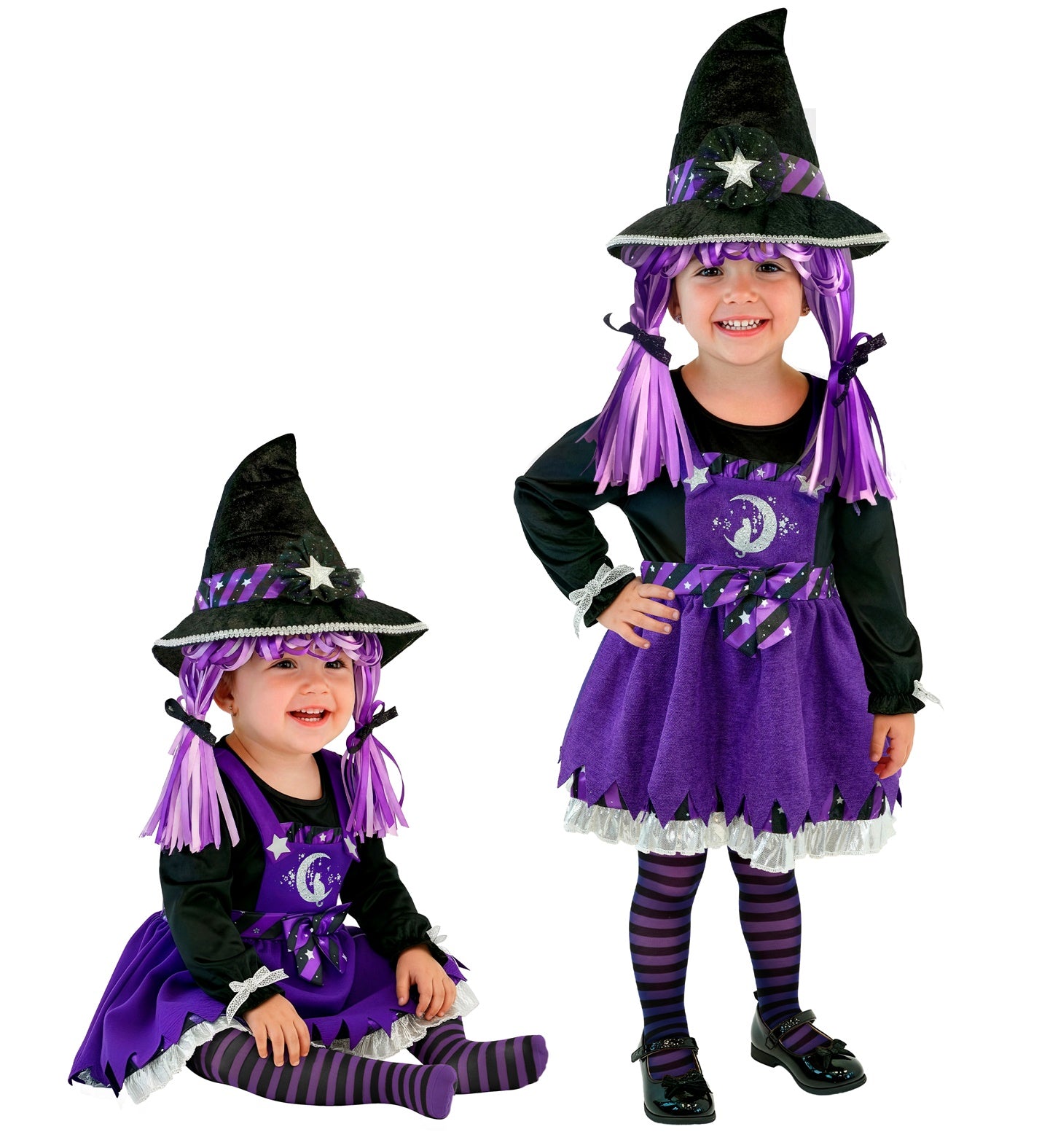 Two views of young children wearing the purple and black baby witch costume; one baby sitting and one toddler standing to show the complete outfit with matching striped tights.