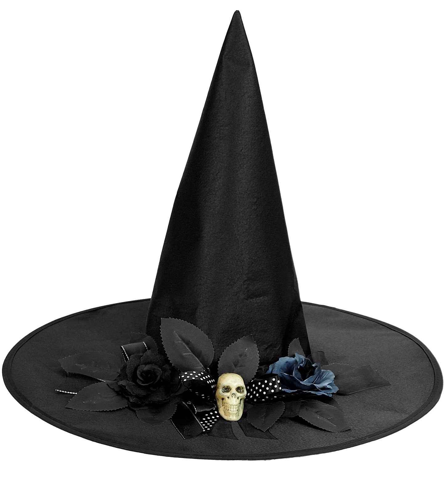 A deluxe black witch hat shown on a white background, decorated with black and blue flowers, a polka dot bow, and a small skull.