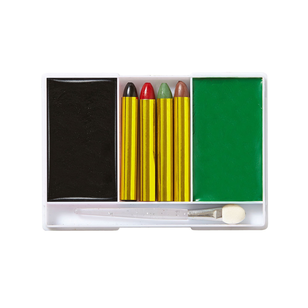A close-up of an opened Witch Makeup Set tray featuring midnight black and bright green base makeup, four detailing makeup sticks in black, red, green, and brown, and a clear plastic sponge applicator.
