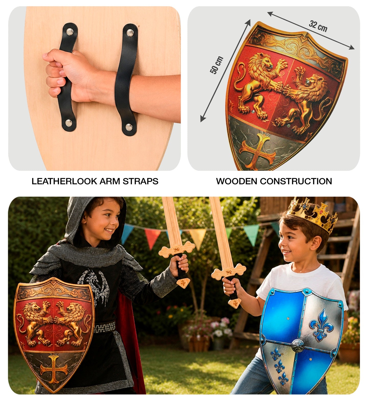 Two models playing outdoors with wooden toy swords and shields, featuring a red and gold Lionheart shield and a blue silver shield.