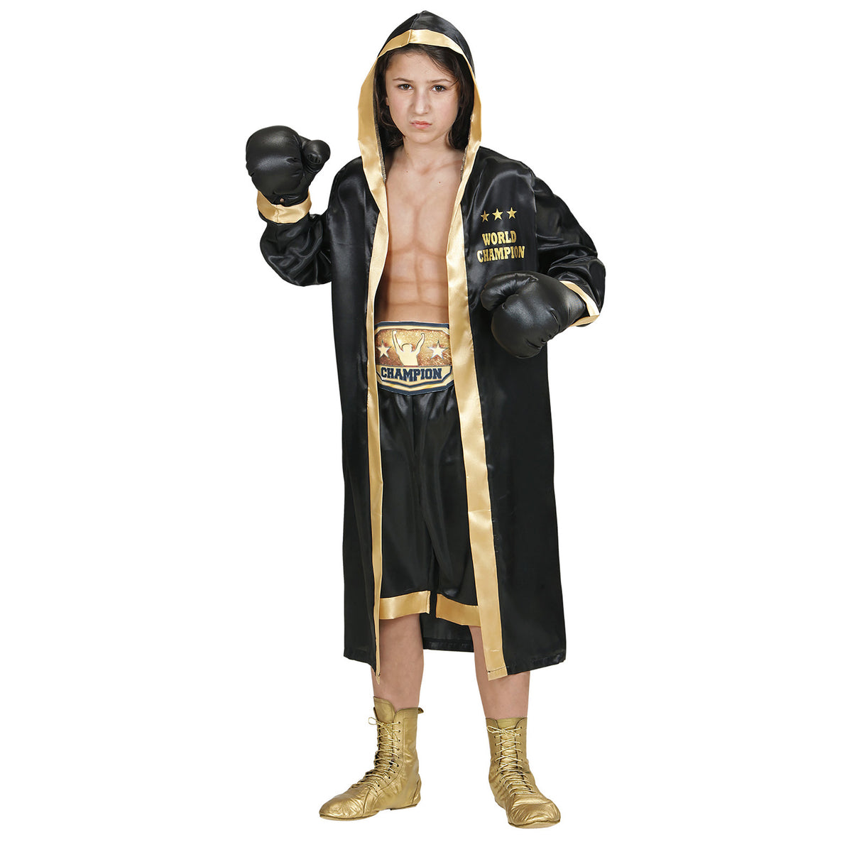 Boy wearing black and gold World Boxing Champion hooded robe with printed text, shorts, championship belt and boxing gloves