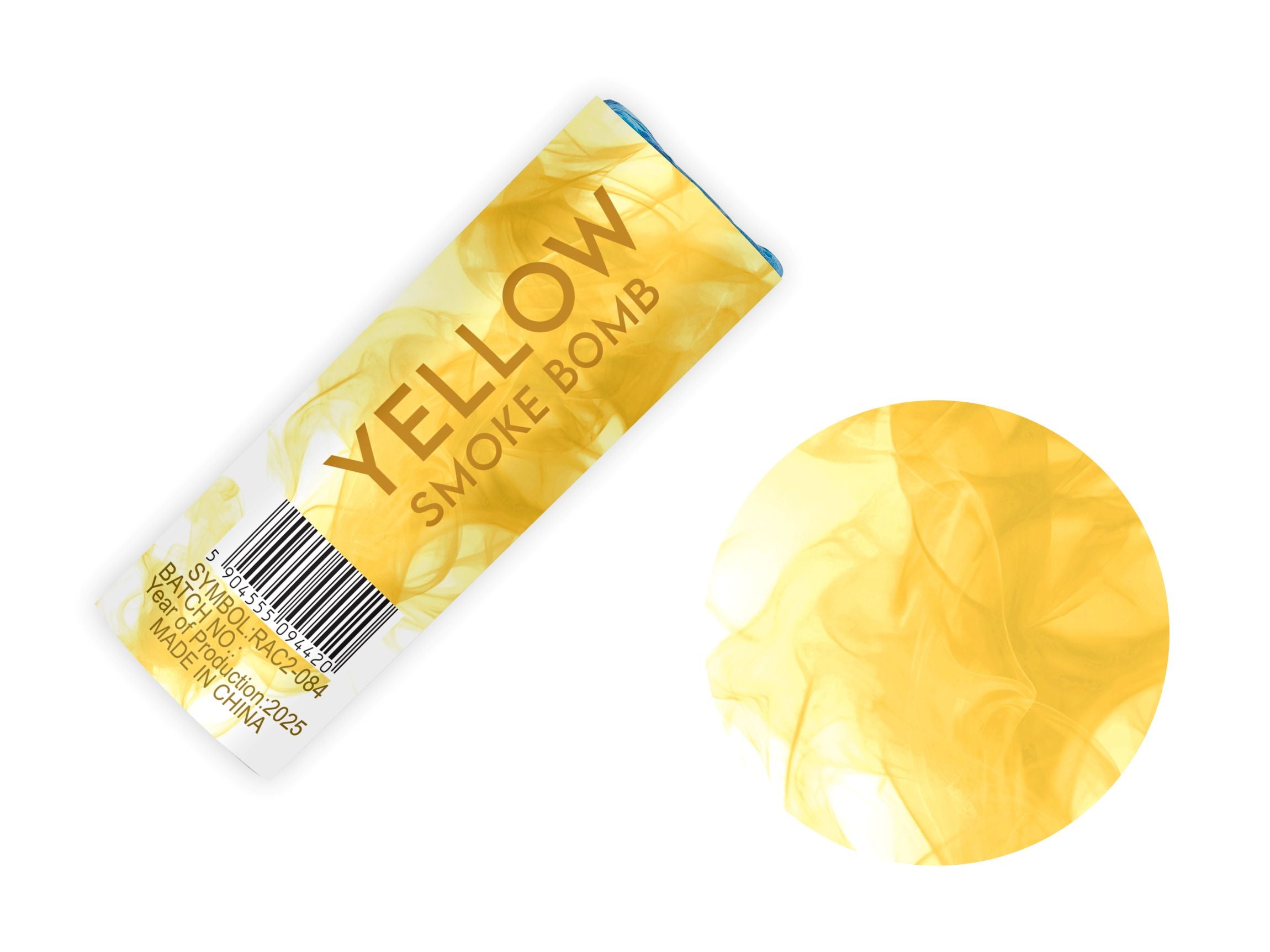 A yellow smoke bomb featuring a smoke-swirl design, barcode, and "Made in China 2025" batch details, next to a circular preview of the yellow smoke effect.