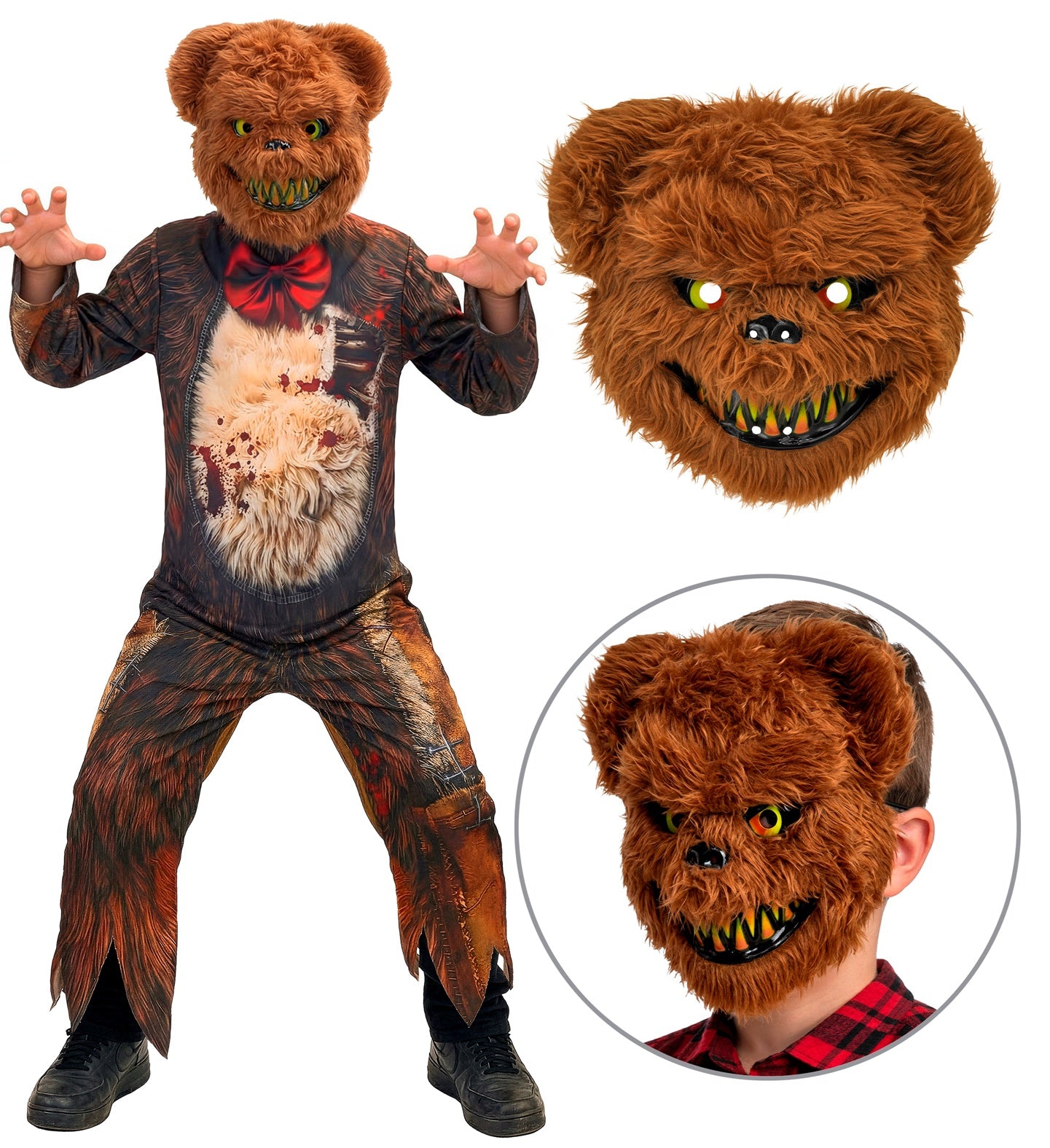 A collage showing a child in a scary zombie bear costume, alongside a close-up of the furry brown teddy bear mask featuring glowing yellow eyes and a wicked grin with sharp teeth.