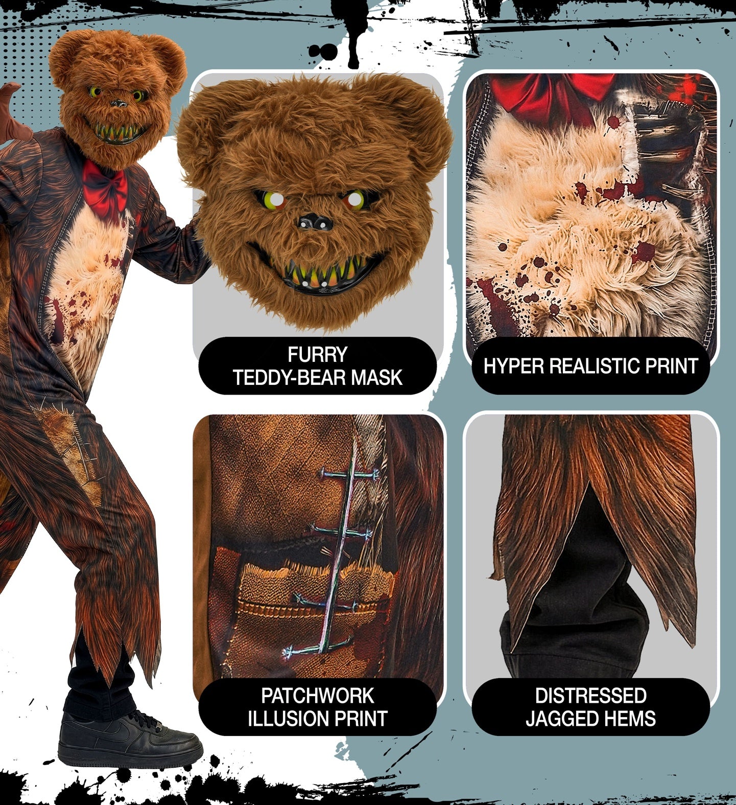 A detailed infographic highlighting the features of the Kids Zombie Bear Costume, showing the furry teddy-bear mask with sharp teeth, the hyper-realistic bloody fur print, the patchwork illusion details, and the distressed jagged hems.
