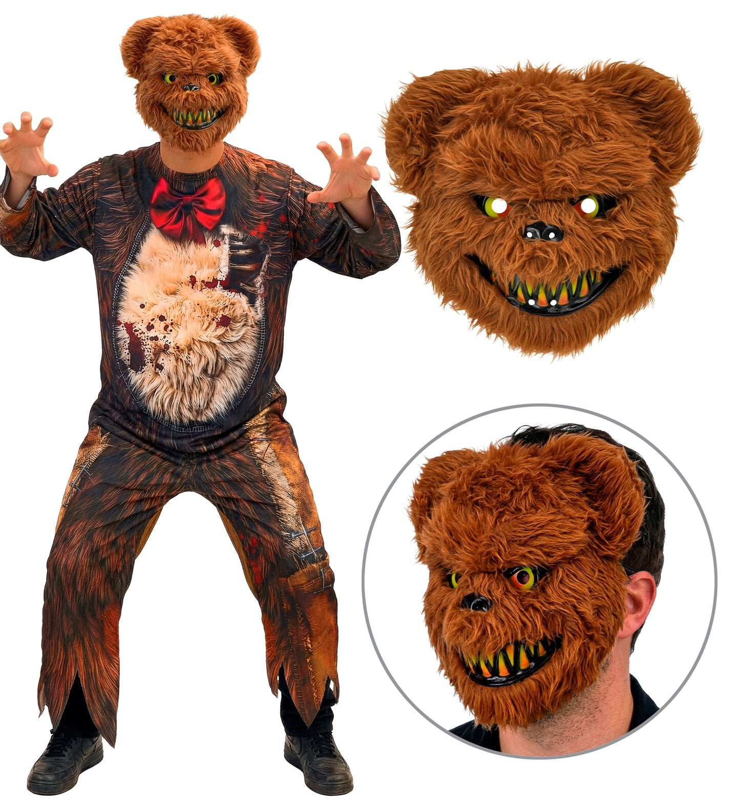 A collage showing a man in a scary zombie bear costume, alongside a close-up of the furry brown teddy bear mask featuring glowing yellow eyes and a wicked grin with sharp teeth.