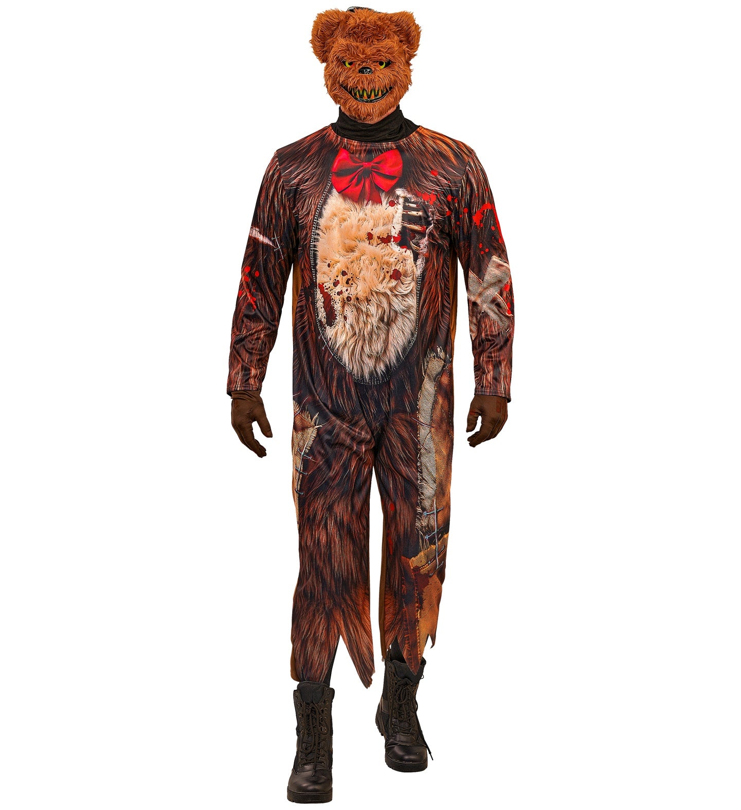 A full-length shot of a man wearing a Halloween zombie teddy bear costume, featuring a bloody illusion jumpsuit and a creepy bear mask with yellow eyes.