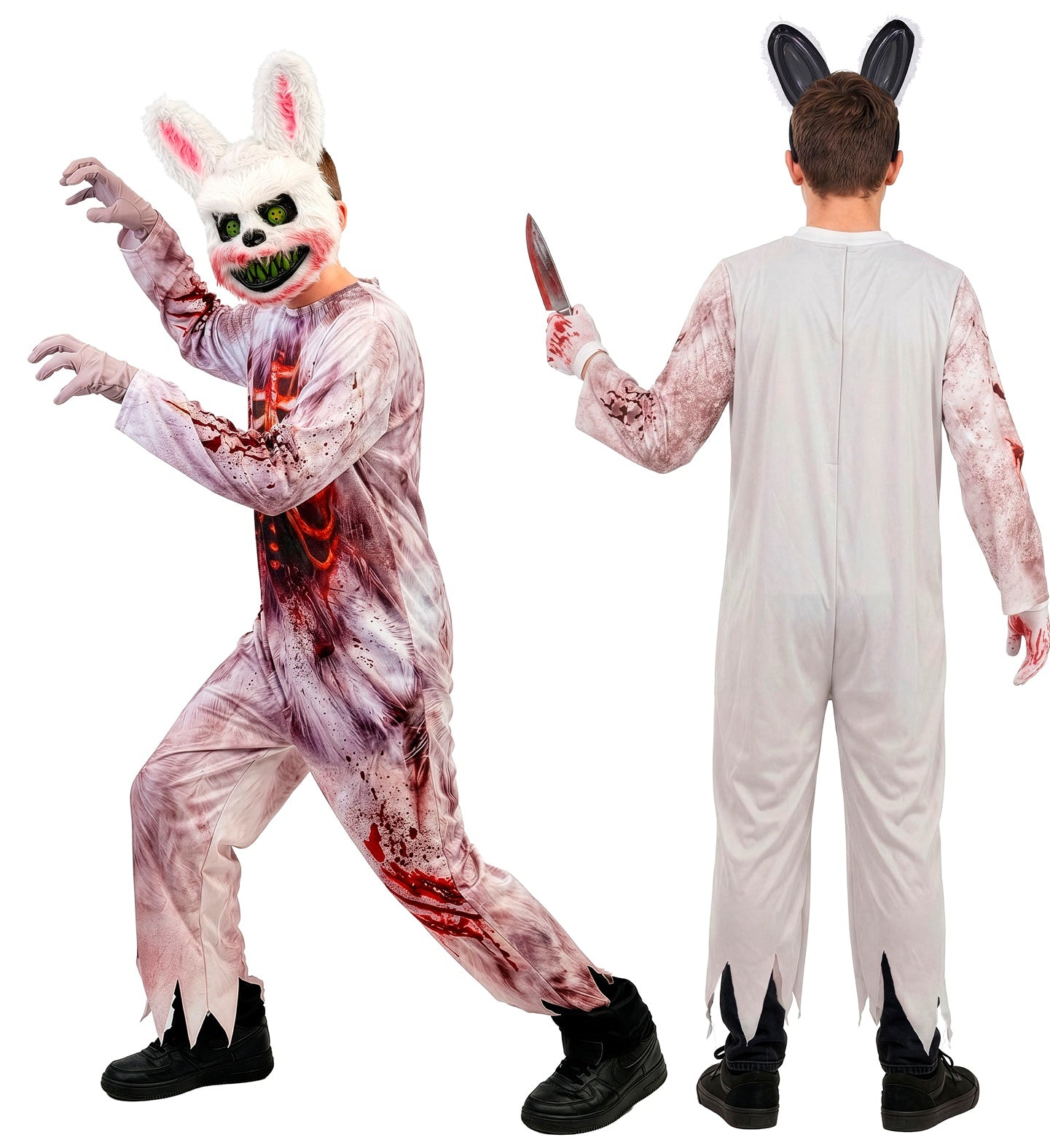 A side-by-side view of a youth modeling a terrifying zombie bunny Halloween costume, showing the front printed ribcage design with the furry scary mask, and the plain light grey back of the jumpsuit.