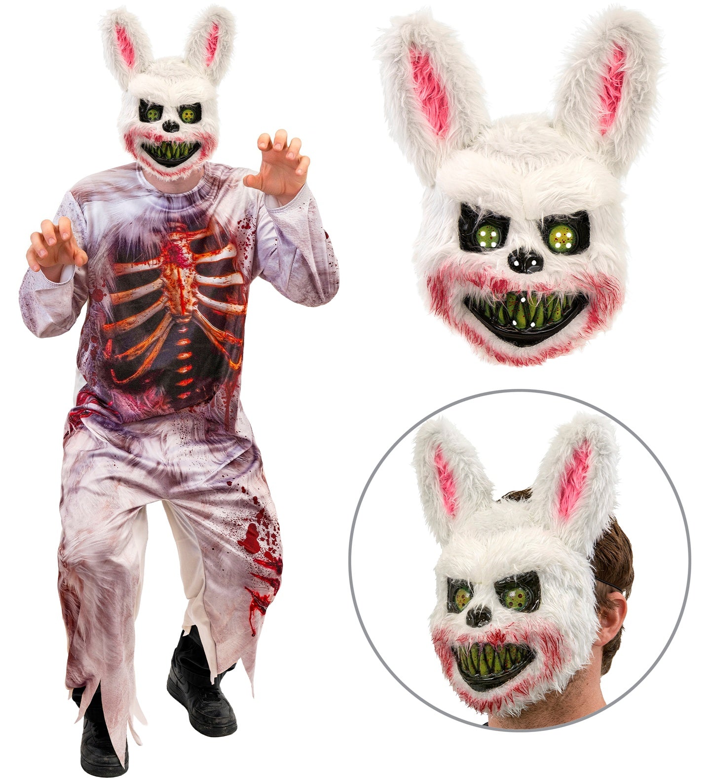A side-by-side view of a man wearing a terrifying zombie bunny Halloween costume, showing the front printed ribcage design with the furry scary mask, and the plain light grey back of the jumpsuit.