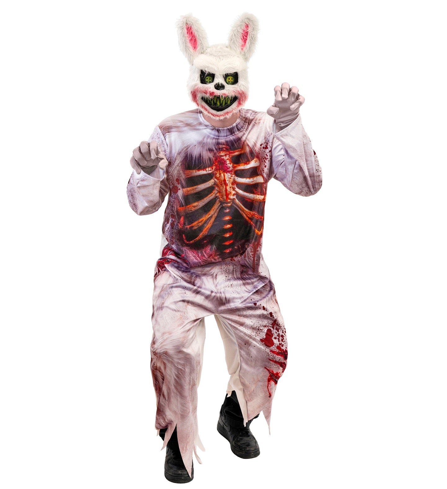 A person modeling a horror bunny costume on a plain white background. The costume includes a white bunny head mask with pink inner ears, a tattered long-sleeve top and pants with a bloody exposed-skeleton print, and black shoes.
