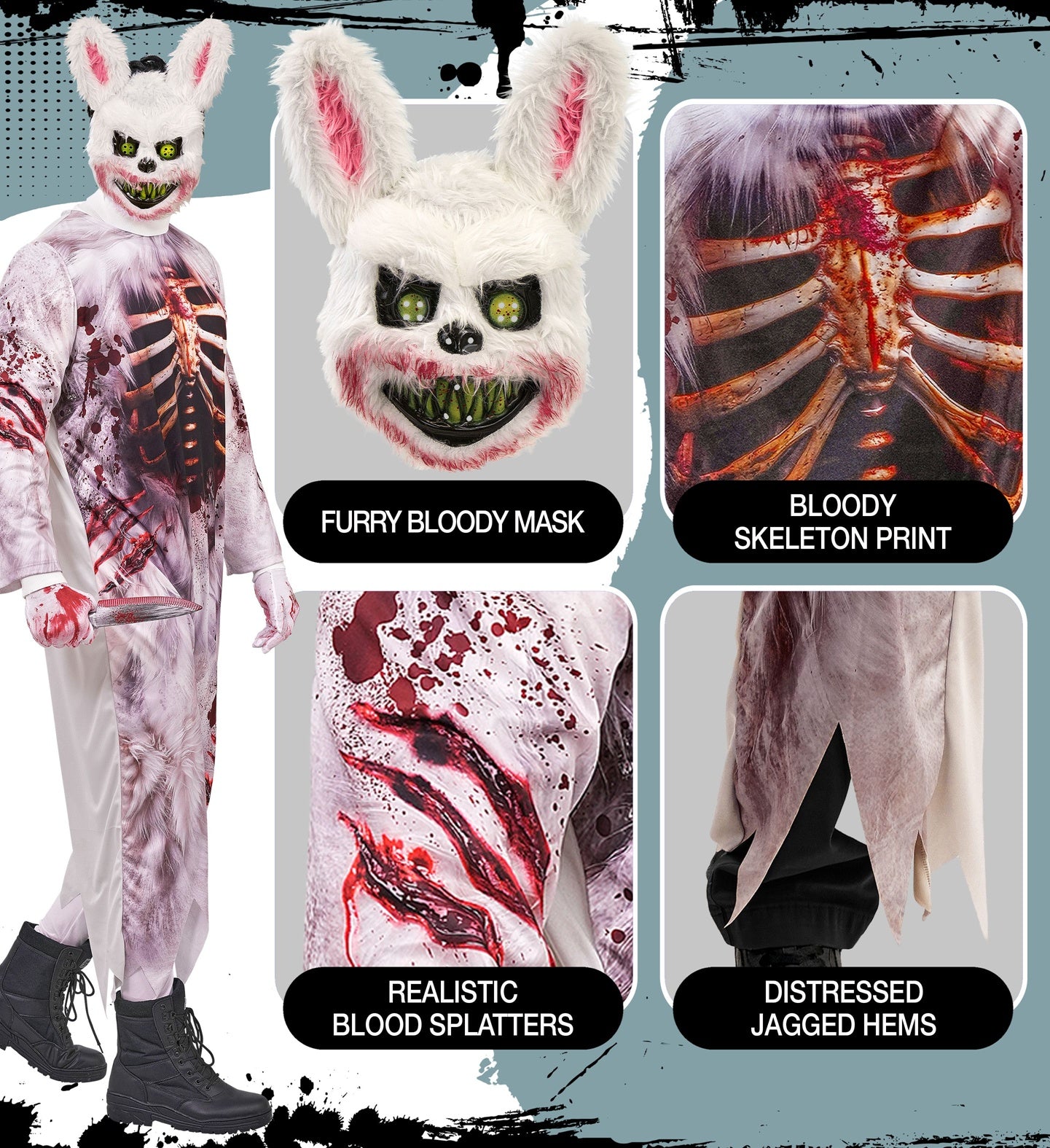 A multi-panel collage highlighting the scary details of a men's zombie bunny fancy dress costume, showing close-ups of the furry bloody mask with green eyes, the bloody skeleton ribcage print on the chest, realistic printed blood splatters on the legs, and distressed jagged ankle hems.