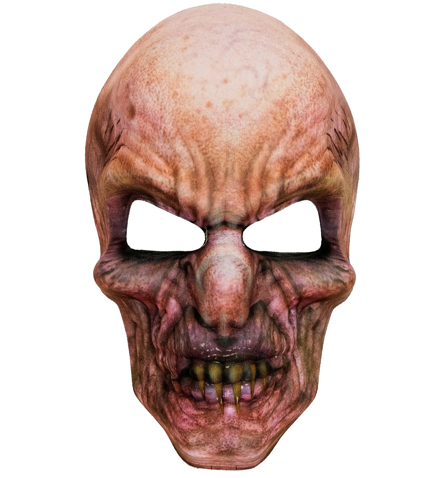 A straight-on flat lay view of a bald zombie fabric mask, showcasing the hyper-realistic print of decaying skin, hollow eye cutouts, and a mouth full of rotting yellow teeth.