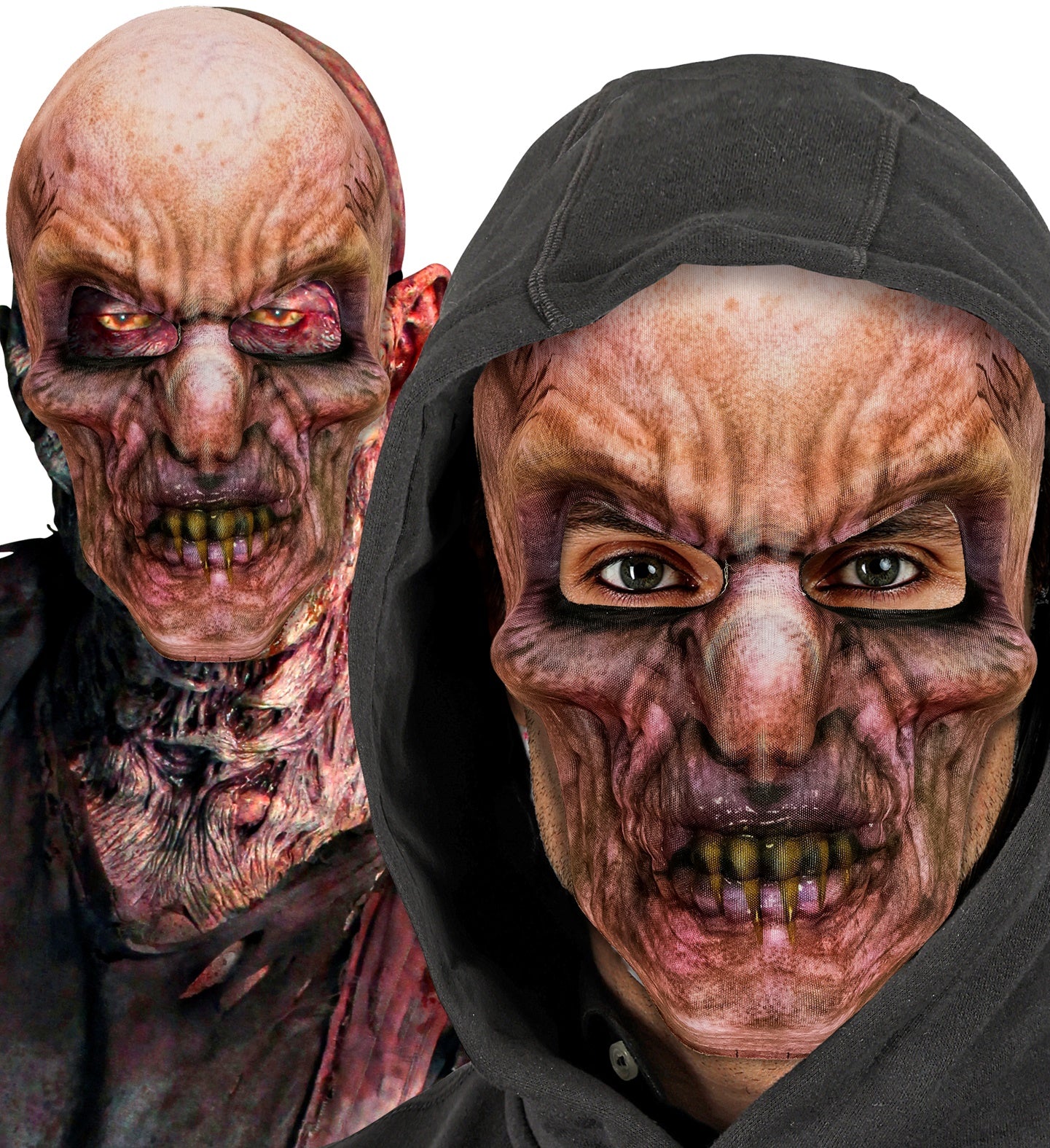 A split photo showing two looks using the breathable zombie fabric mask; one styled with a black leather jacket and dark hoodie, and the other with a distressed, blood-stained shirt.