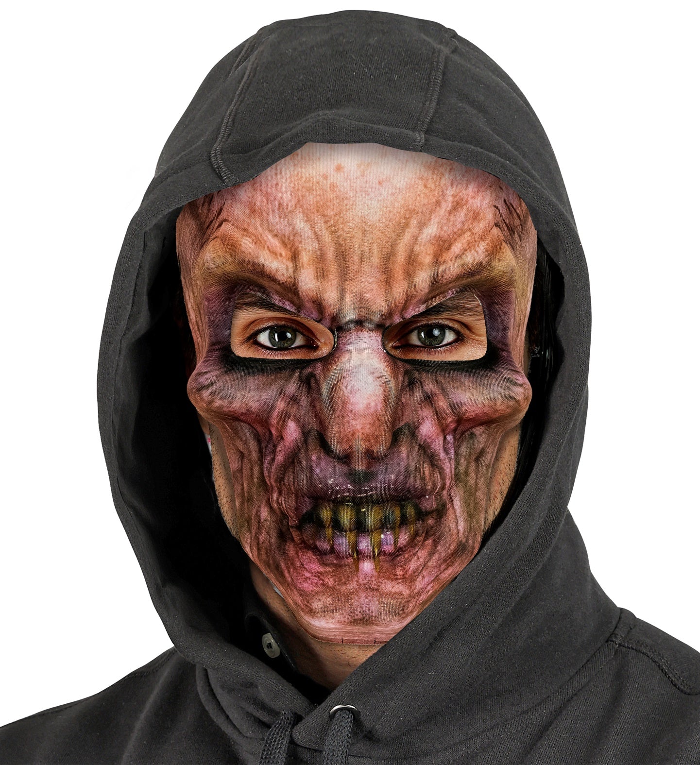 close-up portrait of a person wearing a photorealistic zombie fabric mask with a black hoodie pulled up, highlighting the sharp eye cutouts and graphic rotting teeth design.