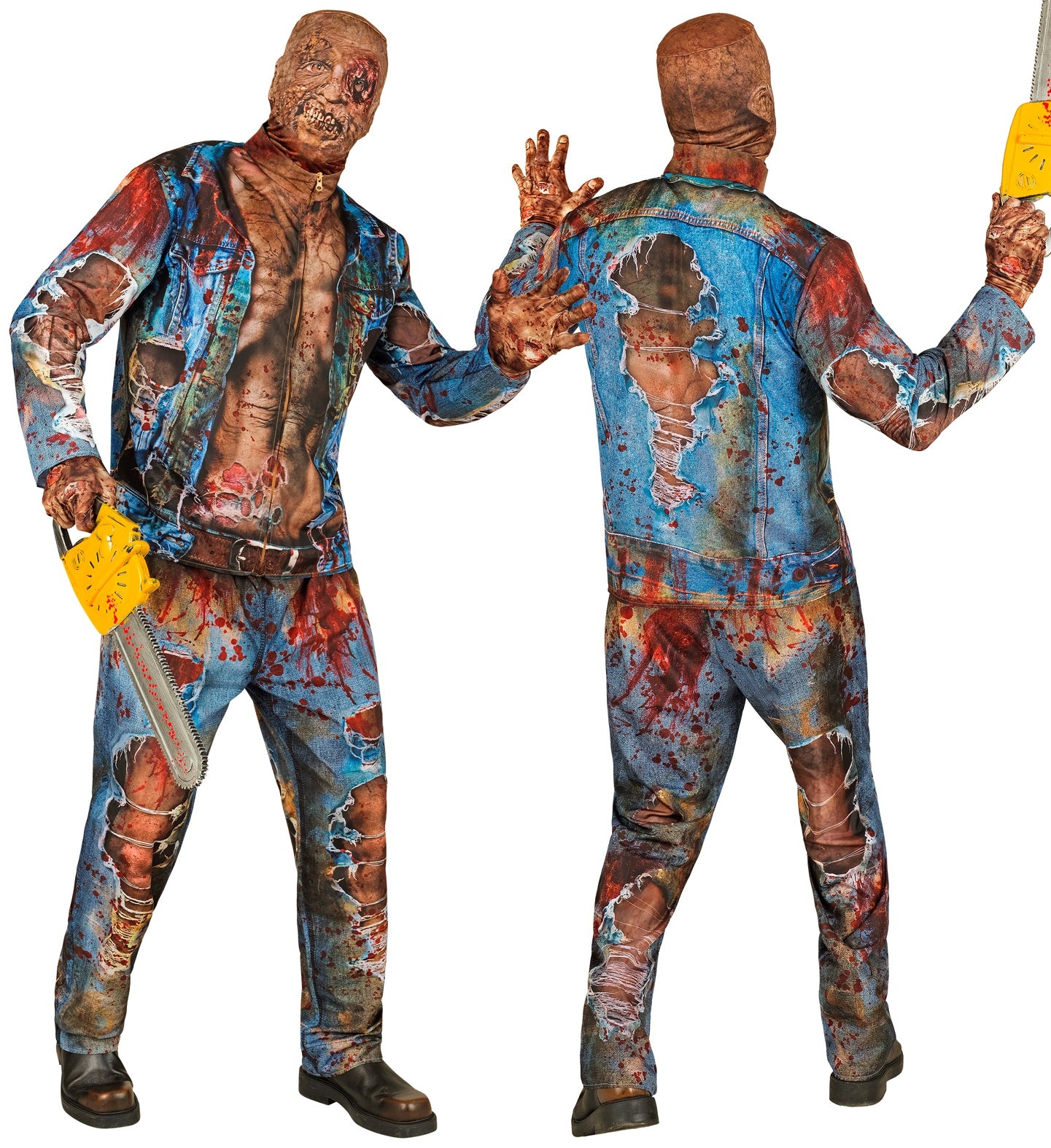 Front and back view of the adult zombie costume, showing the detailed gory print of rotting flesh and tattered denim.