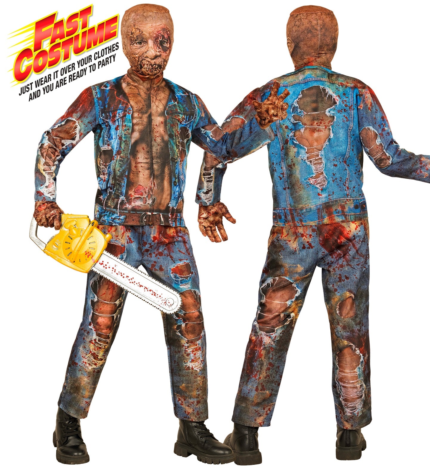 A child models a 'Fast Costume' zombie outfit, with a photorealistic print of torn, bloody clothes, holding a prop chainsaw.
