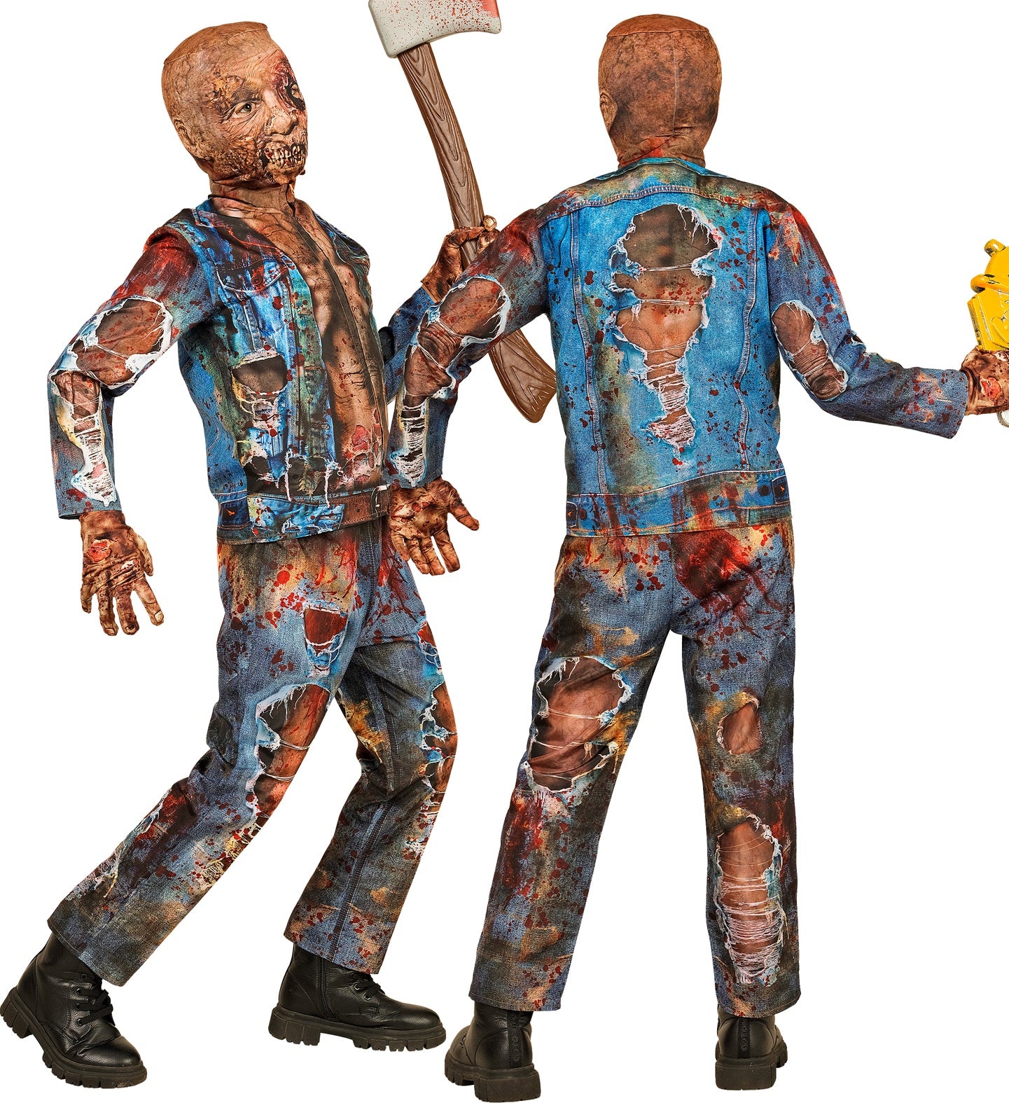 Front and back views of the child's zombie costume, showing the detailed gory print of rotting flesh and tattered denim.