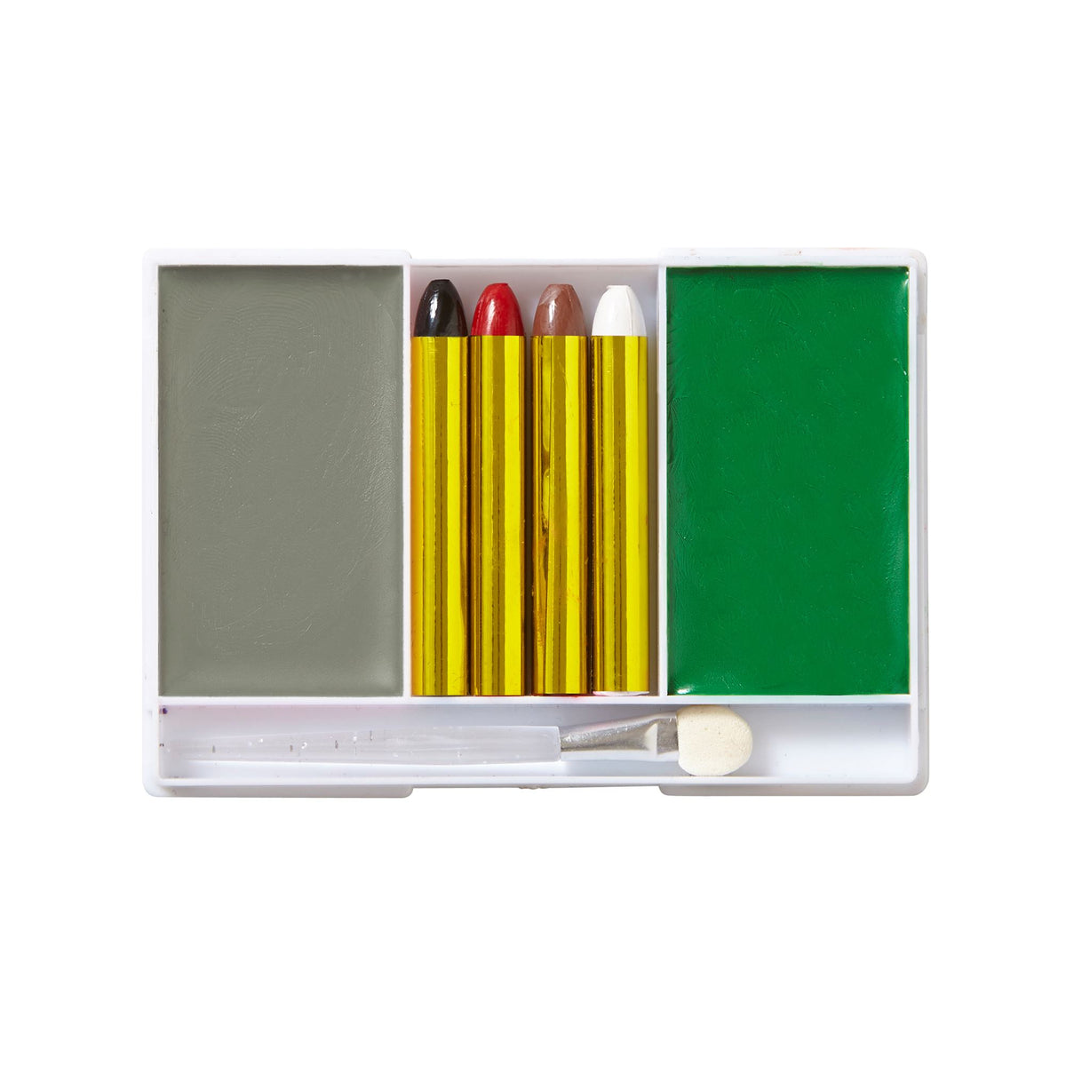 A close-up of the opened Zombie Makeup Set tray featuring grey and green base makeup, four detailing makeup sticks in black, red, brown, and white, and a clear plastic sponge applicator.