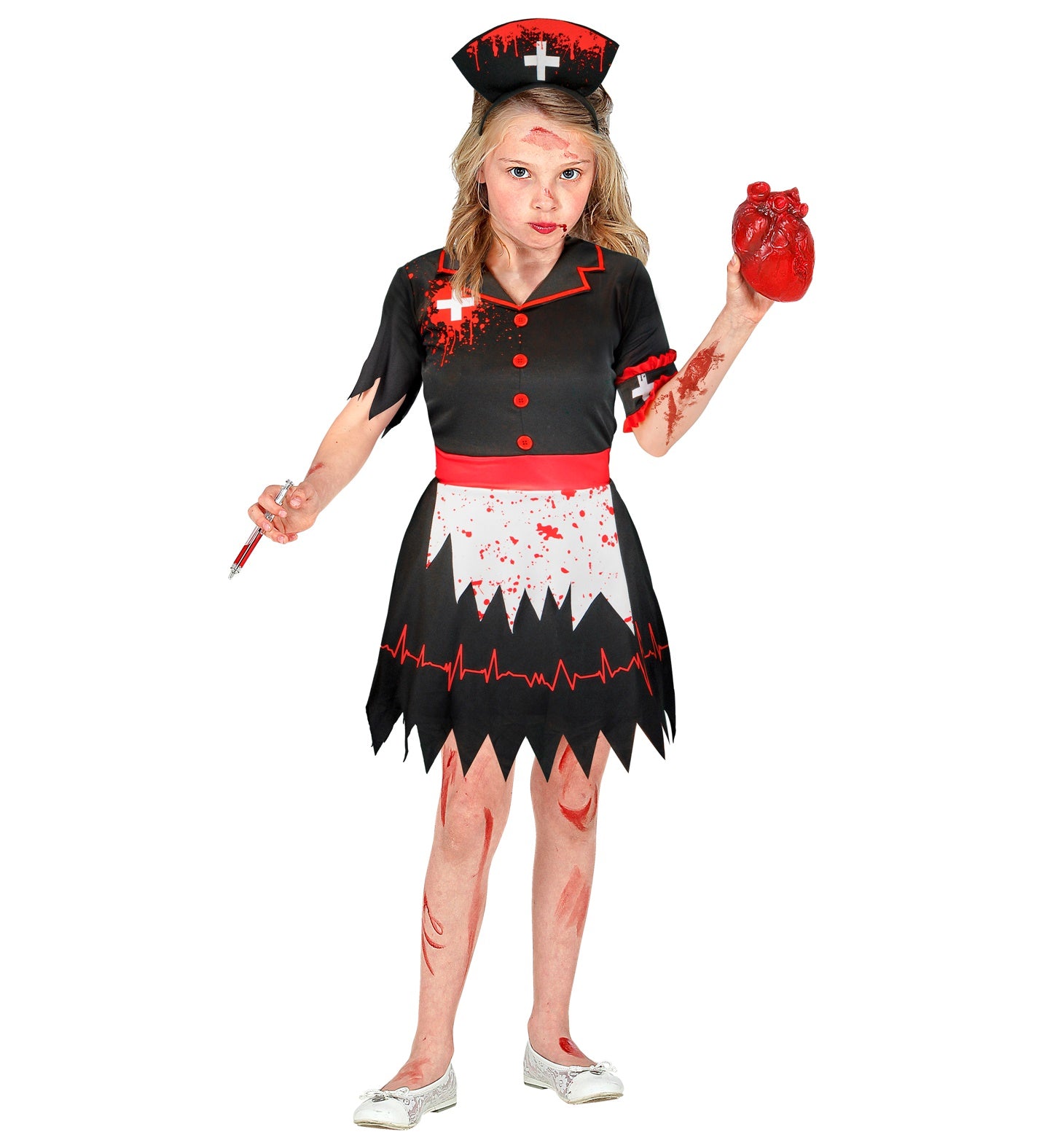Child in a horror-themed nurse costume with blood effects on a white background