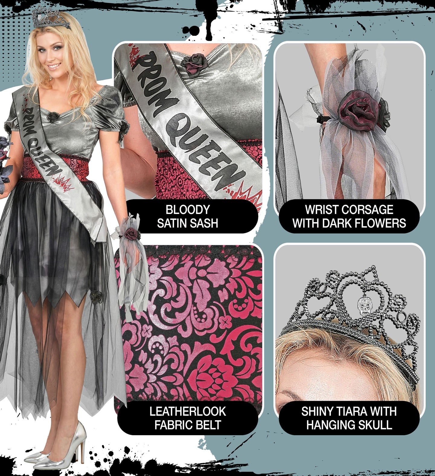 A multi-panel collage highlighting the details of a women's zombie prom queen costume, showing close-ups of the bloody satin sash, the dark floral wrist corsage, the pink and black leather-look damask belt, and the shiny tiara with a hanging skull jewel.