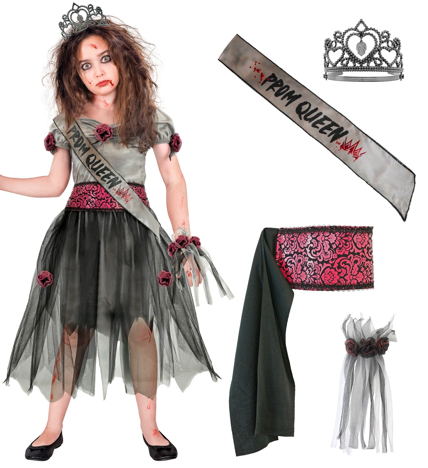 A product layout showing a child in a zombie prom queen dress alongside separate views of the included accessories: the bloody grey prom queen sash, the dark tiara crown, the pink patterned belt, and the rose wrist corsage.