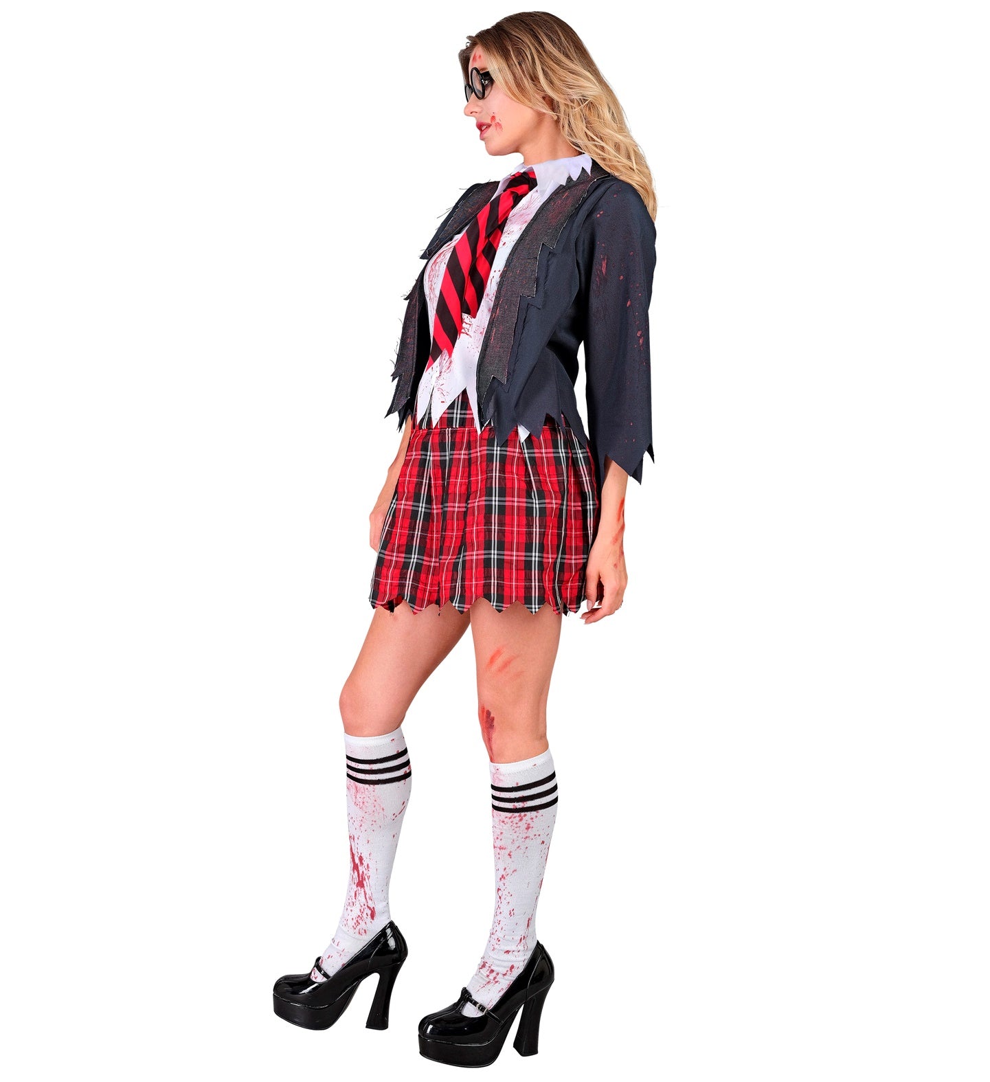 A side profile of a person in a zombie schoolgirl costume, showing the plaid skirt, torn jacket, and blood-splattered socks.