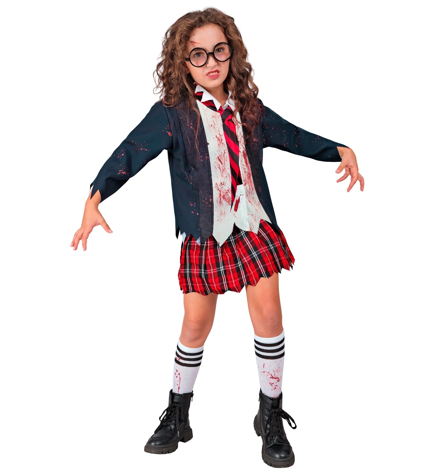A child in a zombie schoolgirl costume, wearing a tattered navy jacket over a blood-splattered shirt, a plaid skirt, and striped knee-high socks. The child wears glasses and has drawn-on stitches on their face, posing with outstretched arms.
