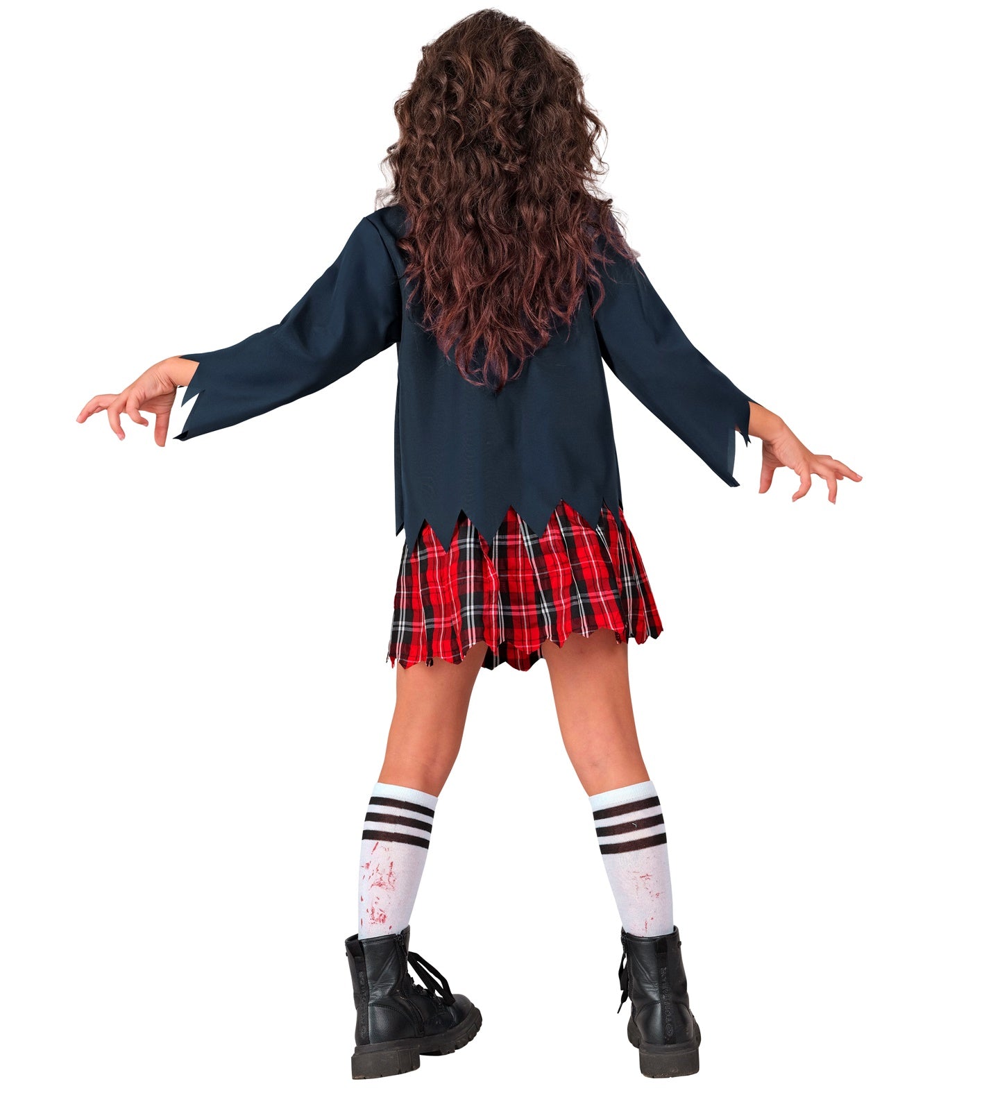 A back view of a child in a zombie schoolgirl costume, showing the tattered hem of the navy jacket and plaid skirt, along with the striped socks and black boots.