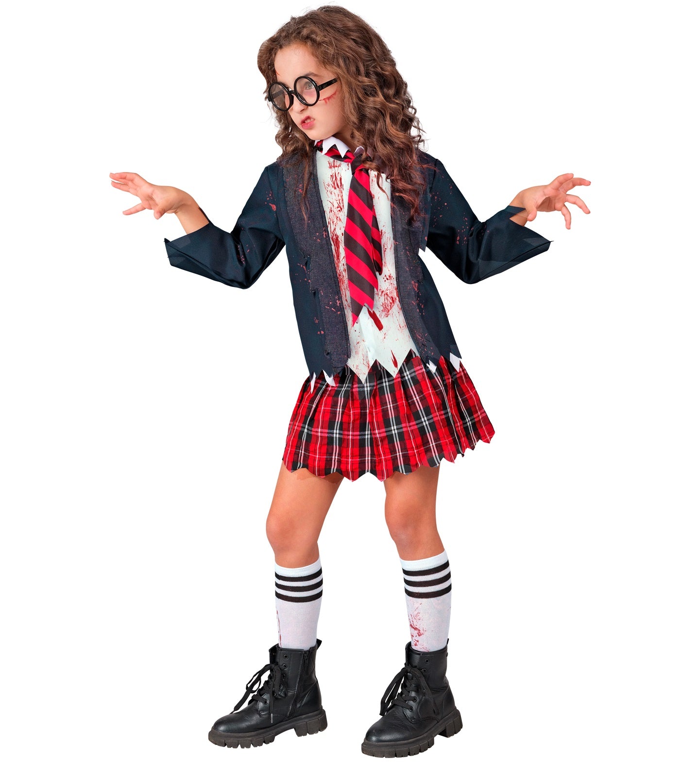 A side view of a child in a zombie schoolgirl costume, posing with outstretched arms. The costume features a tattered navy jacket, a plaid skirt, and striped knee-high socks. The child wears glasses and has painted zombie makeup on their face.