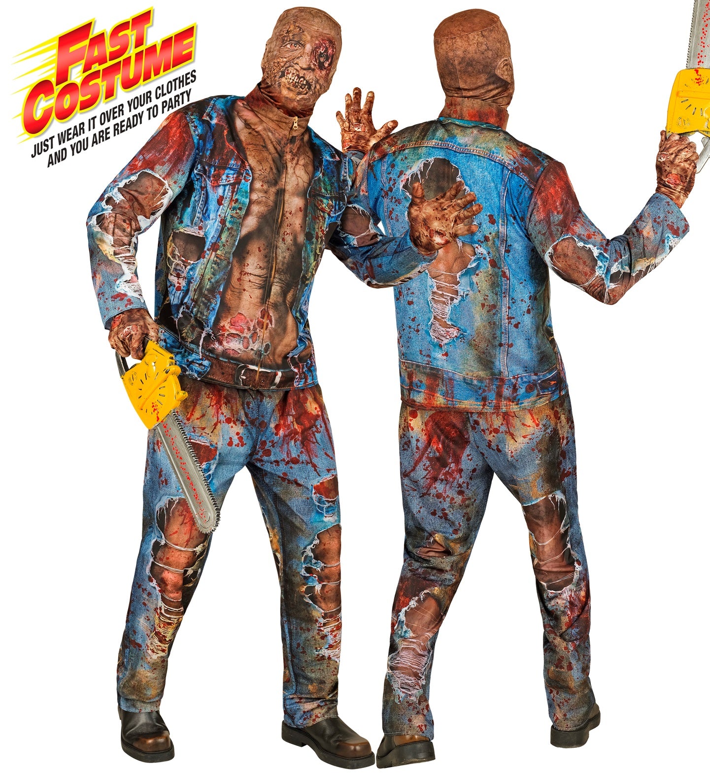 A man models a 'Fast Costume' adult zombie outfit, with a photorealistic print of torn, bloody clothes and gory flesh.