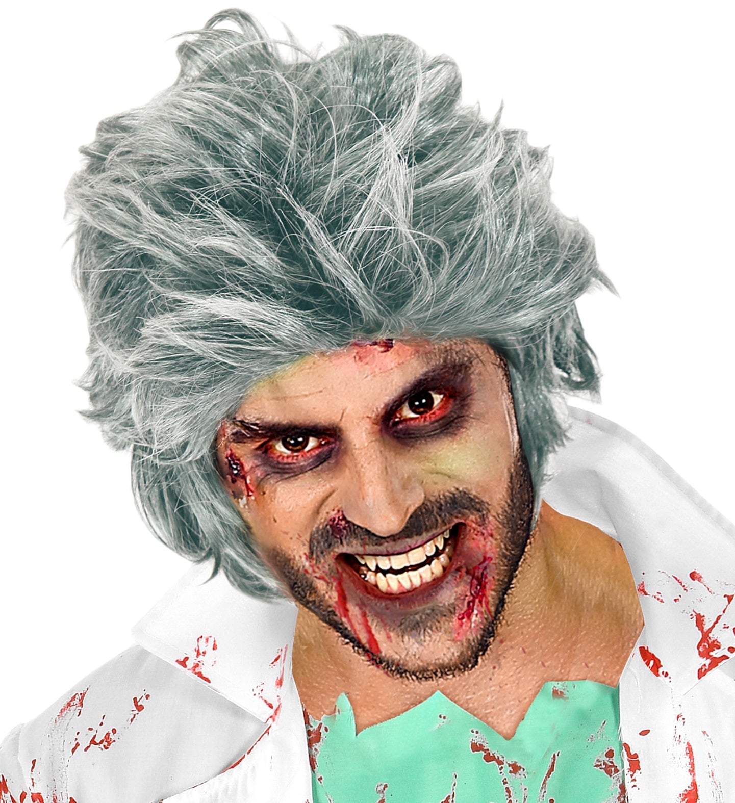 A man with gruesome zombie makeup models a wild, unkempt, short grey wig suitable for a mad scientist or zombie costume.
