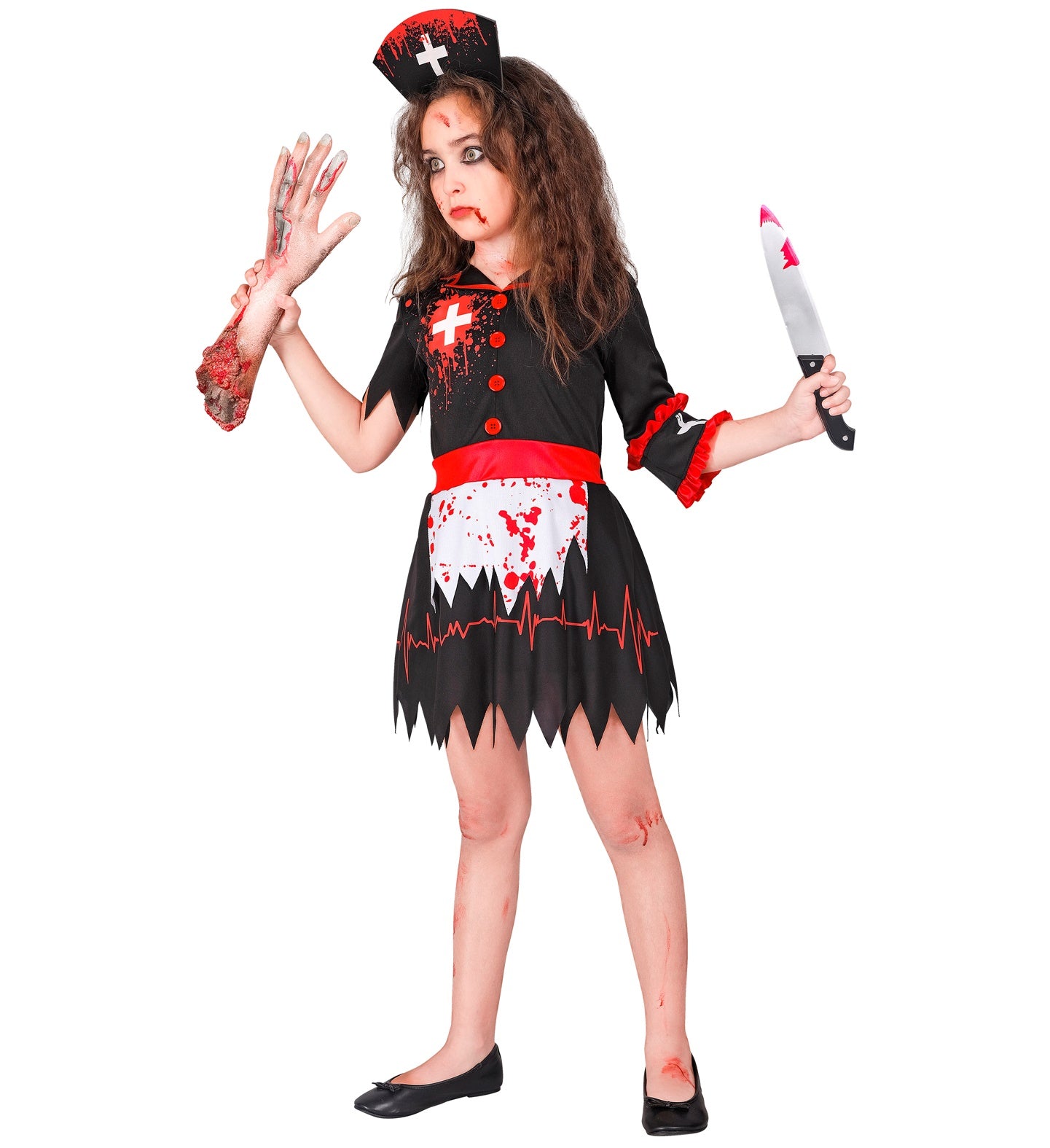 A child in a black and red zombie nurse costume, holding a toy knife and a fake severed arm, with zombie-style makeup on her face.