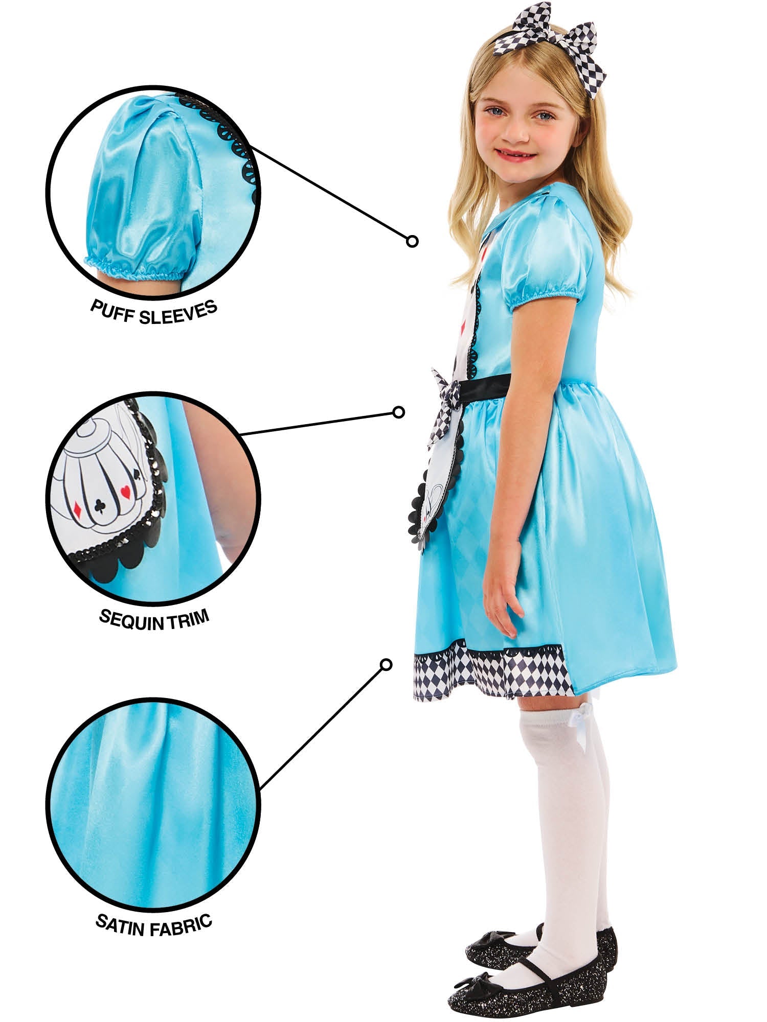 Child in a Alice in Wonderland blue dress with puff sleeves, sequin trim, and satin fabric, wearing a checkered bow.