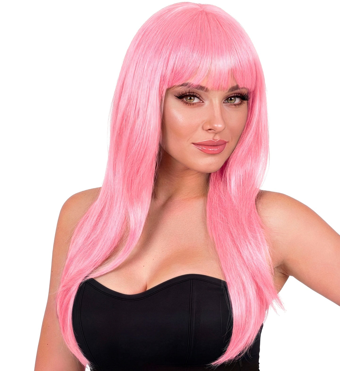 A woman modeling a long, straight baby pink wig with blunt bangs, wearing a black strapless top.
