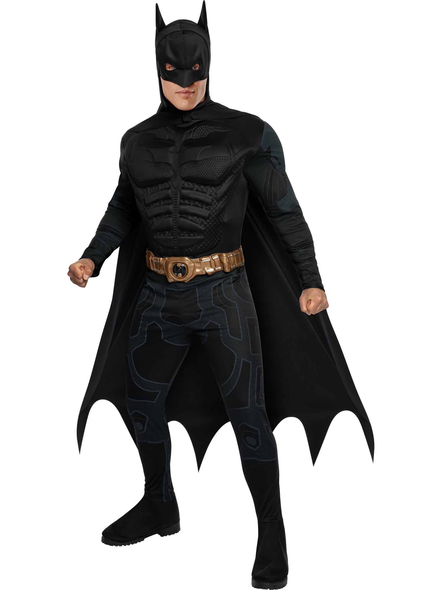 Front view of an adult wearing the Deluxe Batman Costume, featuring a black moulded muscle chest, gold utility belt, and iconic bat mask.