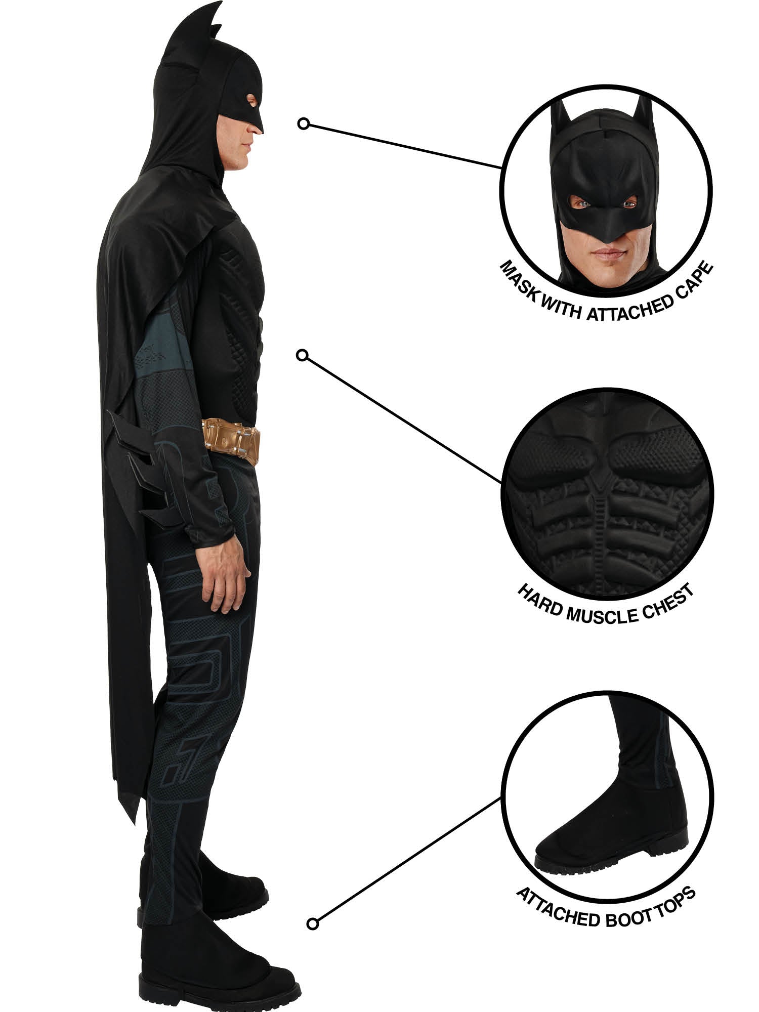 Profile view of the Batman costume highlighting the mask, muscle chest, and attached boot tops.