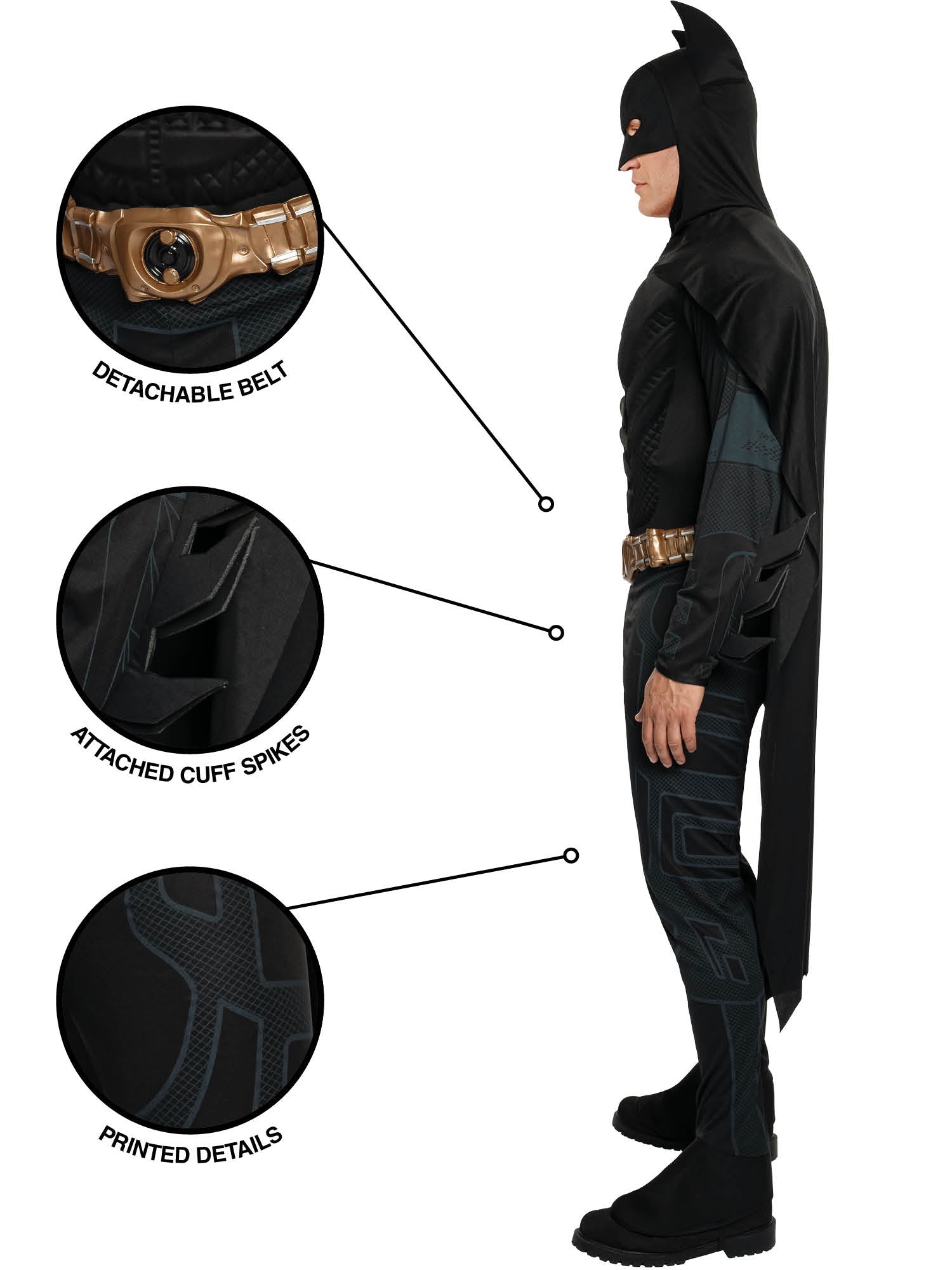 Side view of the costume detailing the detachable utility belt, attached cuff spikes (bat fins), and printed leg patterns.