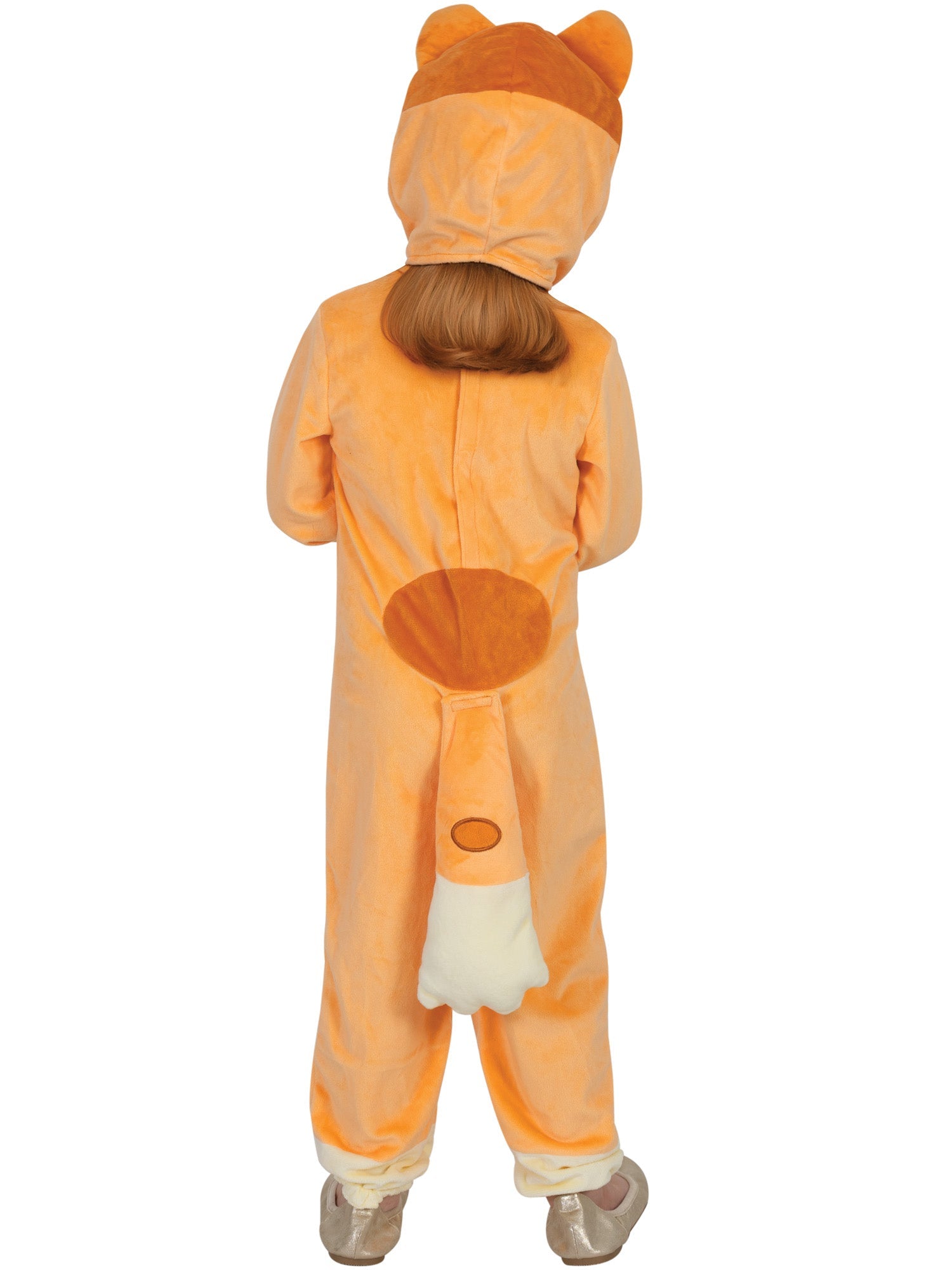 A young child wearing an orange and white Bingo costume, showing the back of the full jumpsuit with the attached tail and the back of the headpiece with ears, standing against a white background.