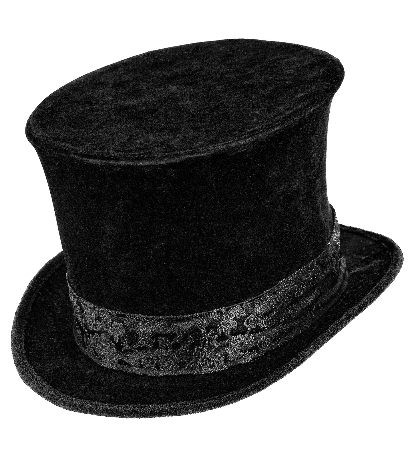 A straight-on flat lay view of an isolated black velvet bell crown top hat, showcasing the flared 16cm tall crown, curved brim, and ornate black brocade hatband.
