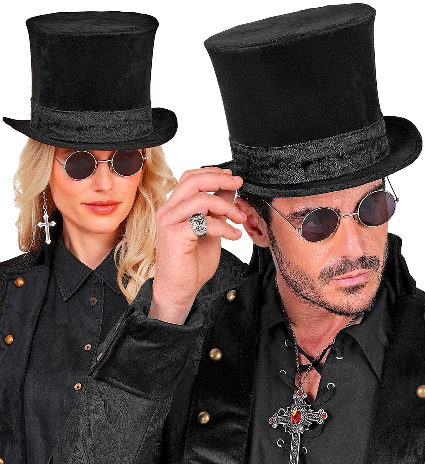 A portrait of a male and female model wearing matching black velvet bell crown top hats with round dark sunglasses, styled with gothic jewelry and black shirts.