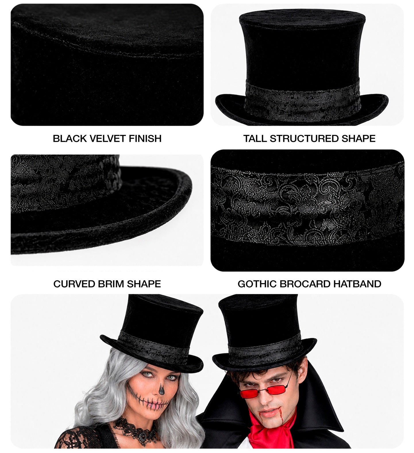 A multi-panel collage highlighting the details of a black velvet bell crown top hat, showing close-ups of the soft velvet finish, the 16cm tall structured shape, the curved brim edge, and the detailed gothic brocade hatband.