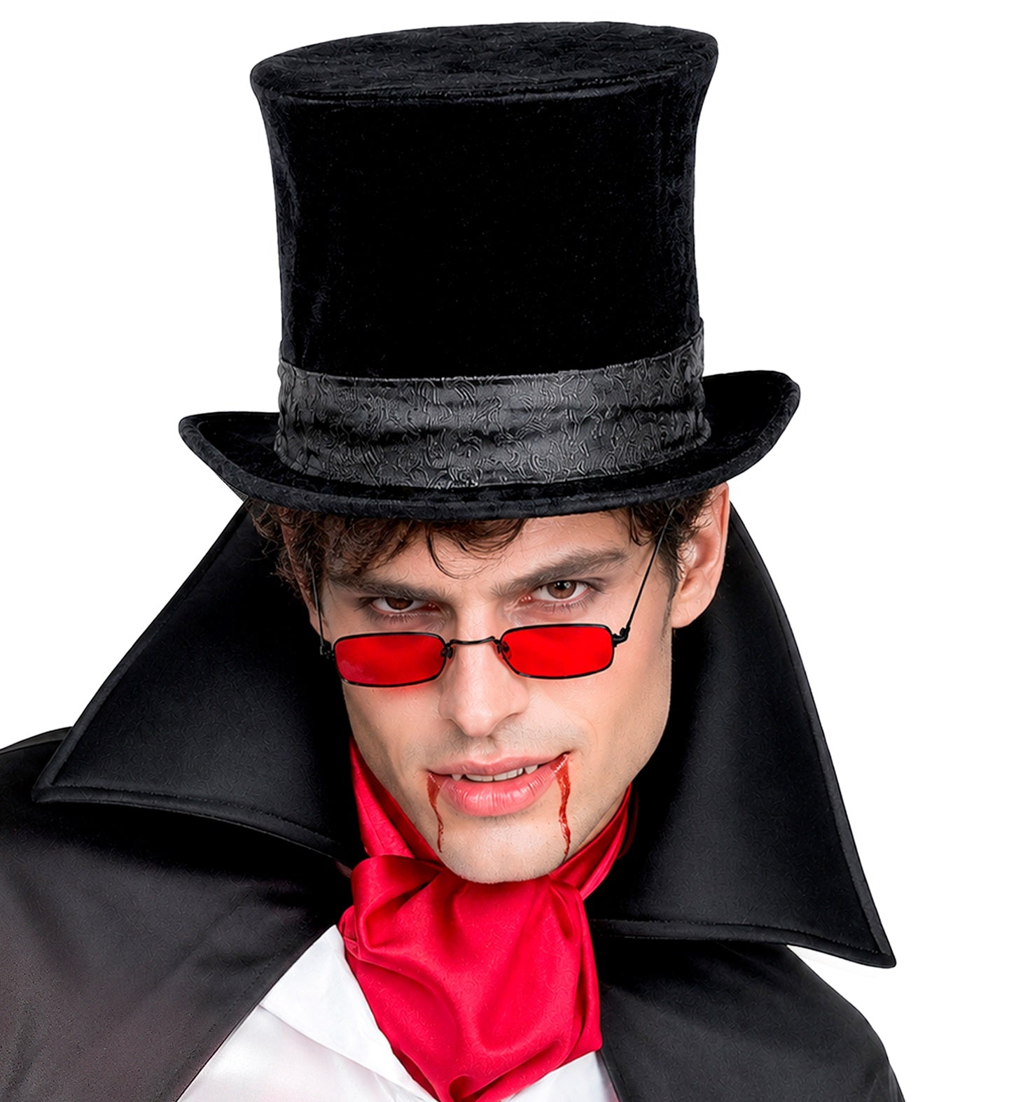 A close-up portrait of a male model dressed as a vampire with red sunglasses and fake blood, wearing a premium 16cm tall black velvet top hat with a patterned black band.