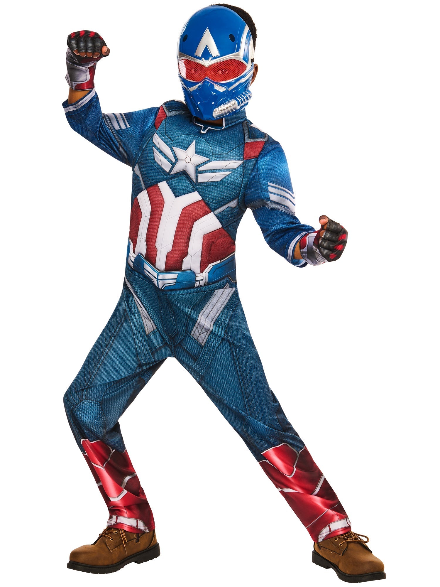 A child in a Captain America deluxe costume, consisting of a blue, white, and red jumpsuit with printed armor details and a star on the chest, a blue half-mask, and fingerless gloves, posing with a raised fist.