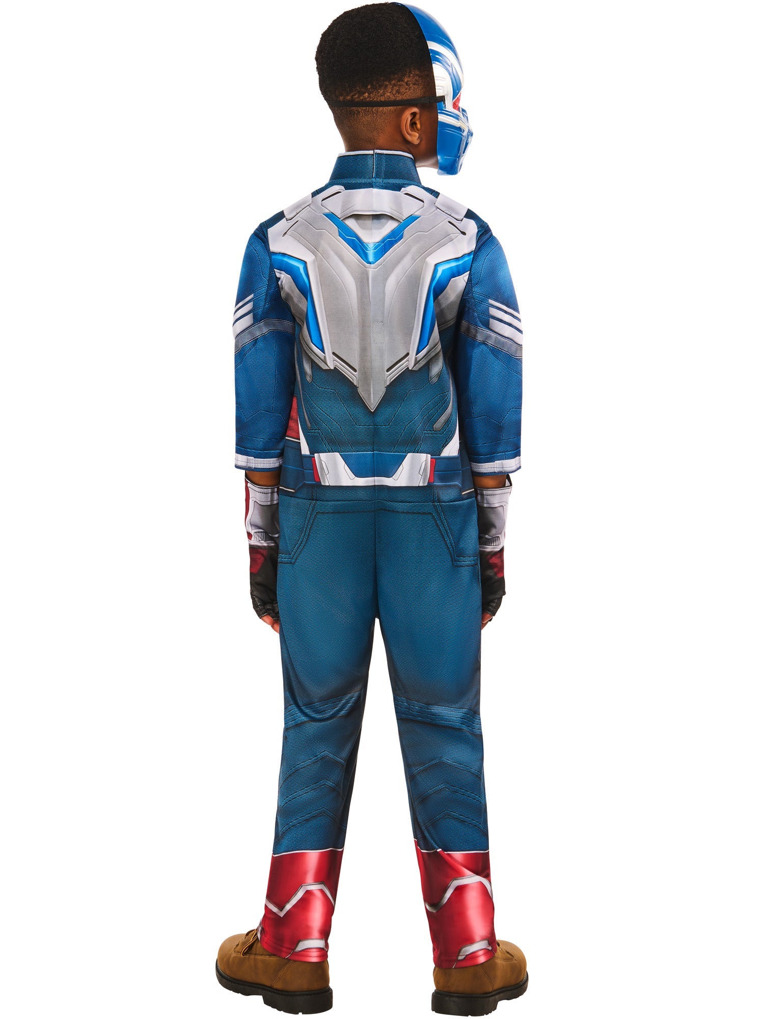 A back view of a child in a Captain America deluxe costume, showing the printed design on the back of the blue, white, and red jumpsuit, along with the blue half-mask and fingerless gloves.